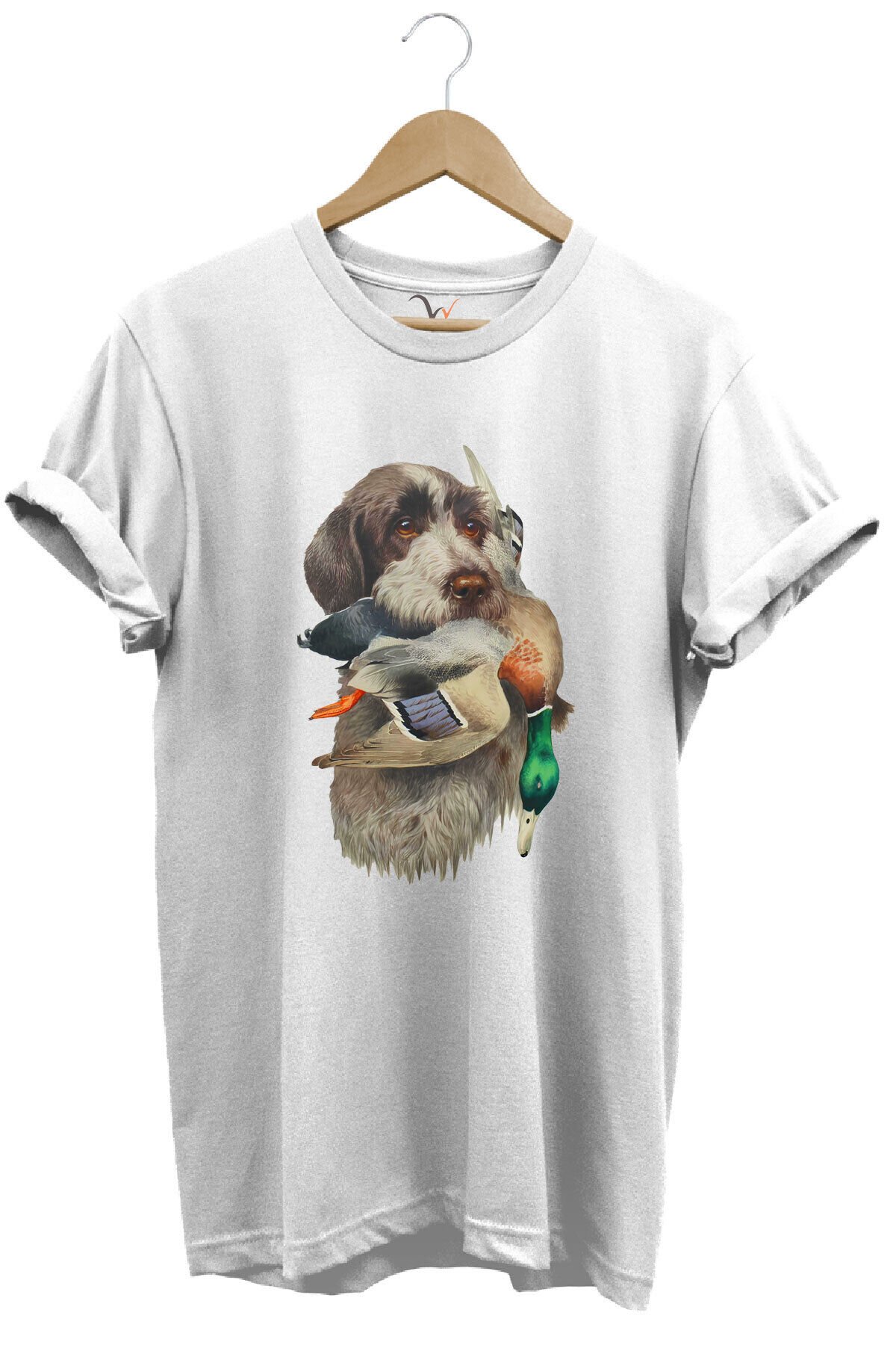 Avcılık Hunter Av Köpeği Ağzında Çulluk Kuşu Baskılı Çulluk Avı Regular Fit %100 Pamuk Beyaz T-shirt Beyaz - 3XL