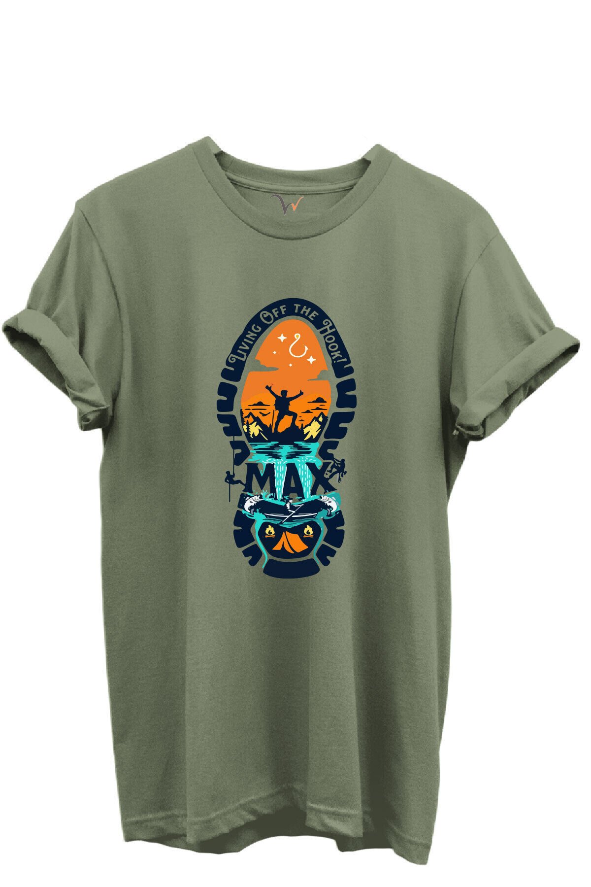 Balıkçılık ve Macera Tema Baskılı %100 Pamuk Regular Fit Bisiklet Yaka Unisex T-shirt Haki - L