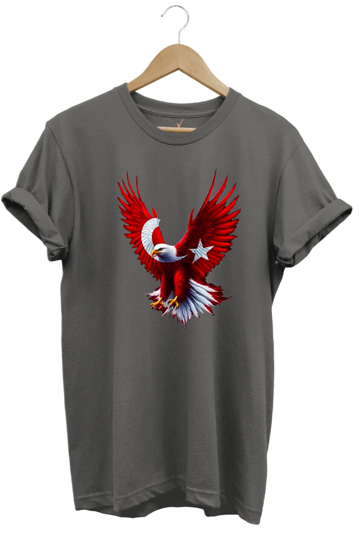 Türkiye Ay Yıldız Türk Bayrağı Kartal Tasarım Baskılı %100 Pamuk Regular Fit Bisiklet Yaka T-Shirt Gri - XL