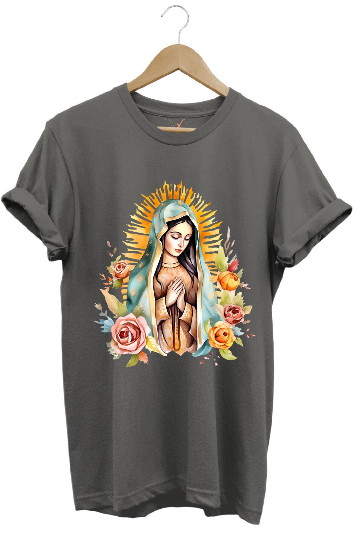 Renkli Meryem Ana Baskılı %100 Pamuk Regular Fit Bisiklet Yaka Turuncu T-shirt Gri - M