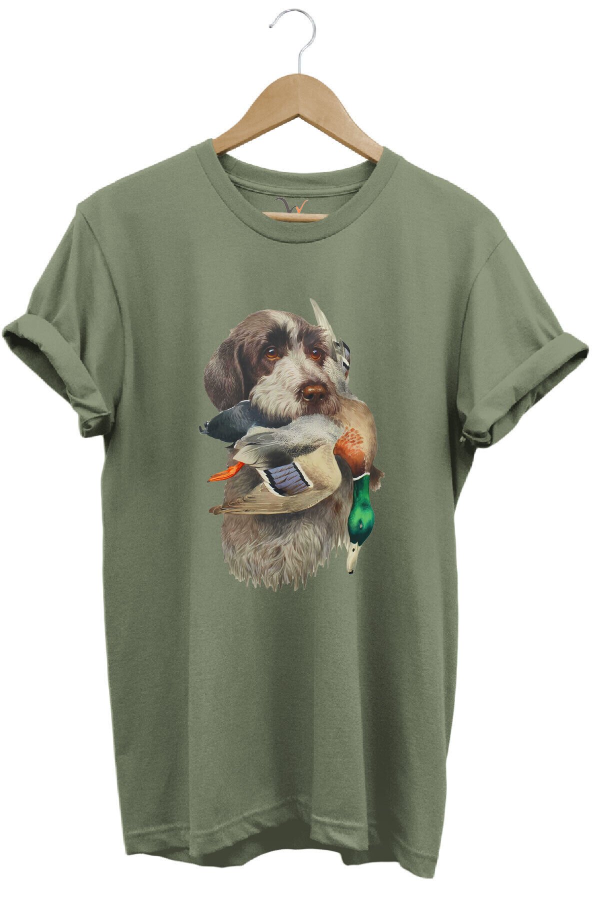 Avcılık Hunter Av Köpeği Ağzında Çulluk Kuşu Baskılı Çulluk Avı Regular Fit %100 Pamuk Beyaz T-shirt Haki - L