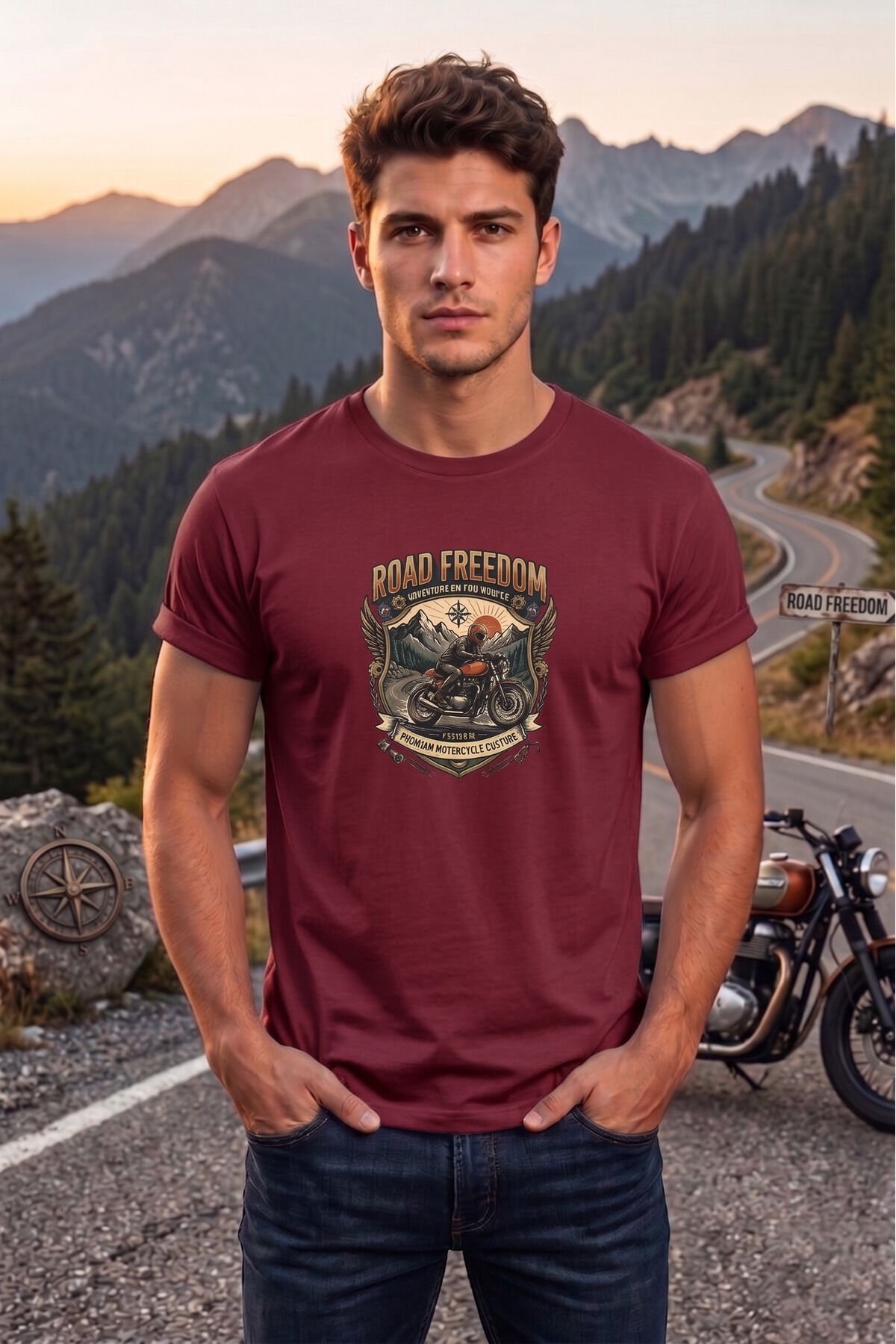Road Freedom Motorsiklet Baskılı Erkek Tişört Vintage Retro Tasarım Bisiklet Yaka Bordo - 2XL