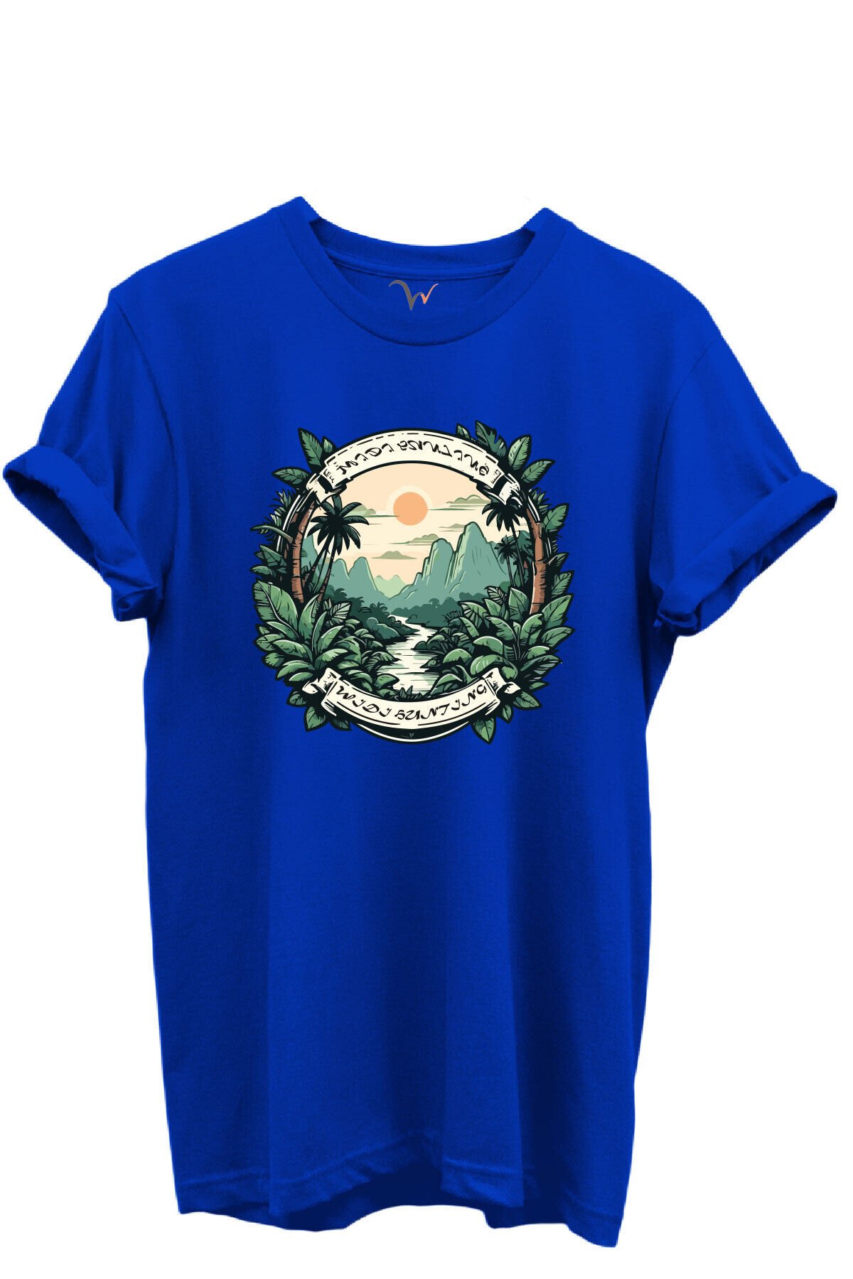 Tropikal Orman ve Dağ Manzaralı Hunting Doğa Temalı %100 Pamuk Regular Fit Unisex T-Shirt Mavi - XL