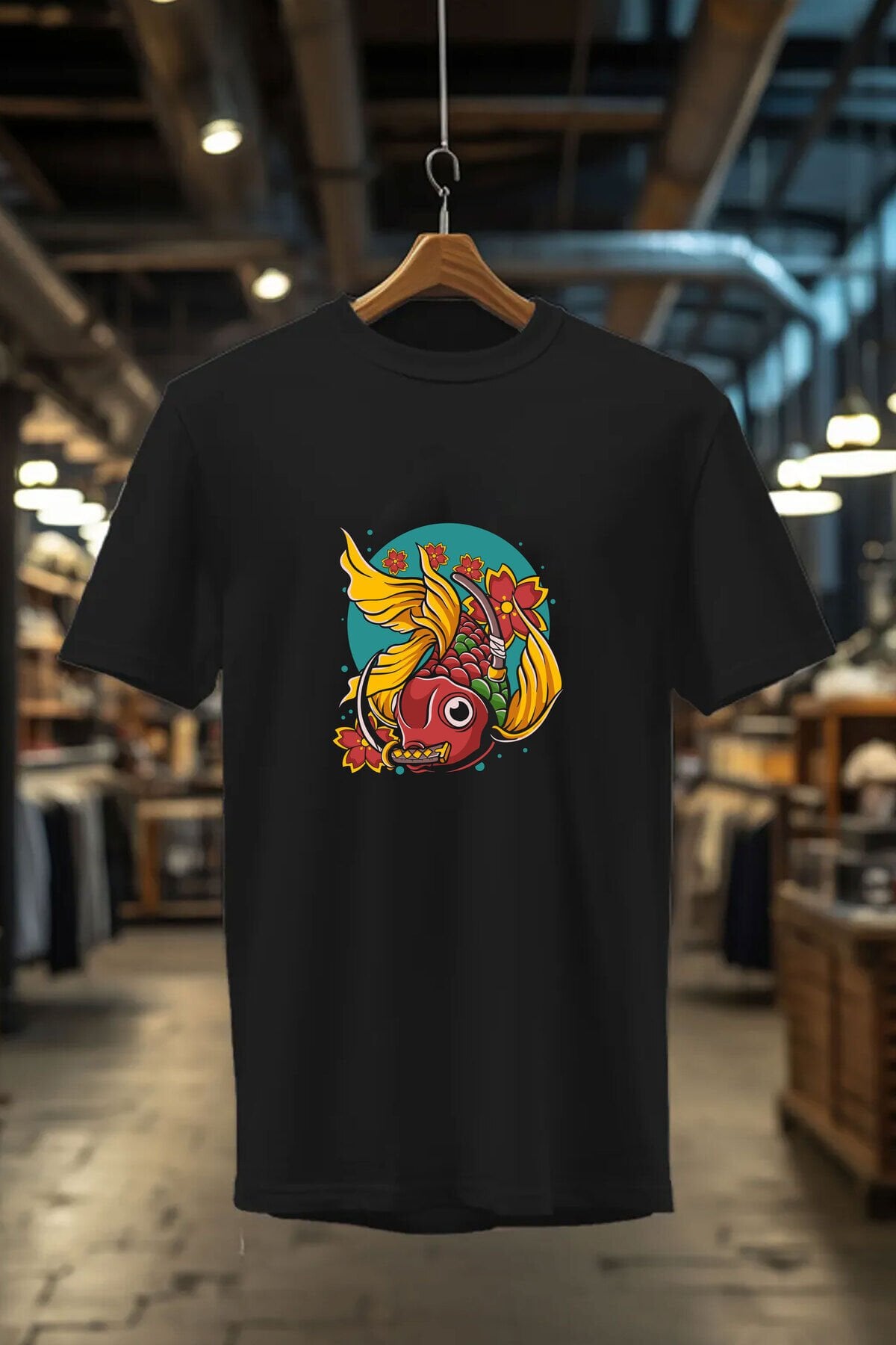 Japon Altın Balık Sokak Stili Baskılı Şık Tasarımlı %100 Pamuk Bisiklet Yaka Siyah T-shirt