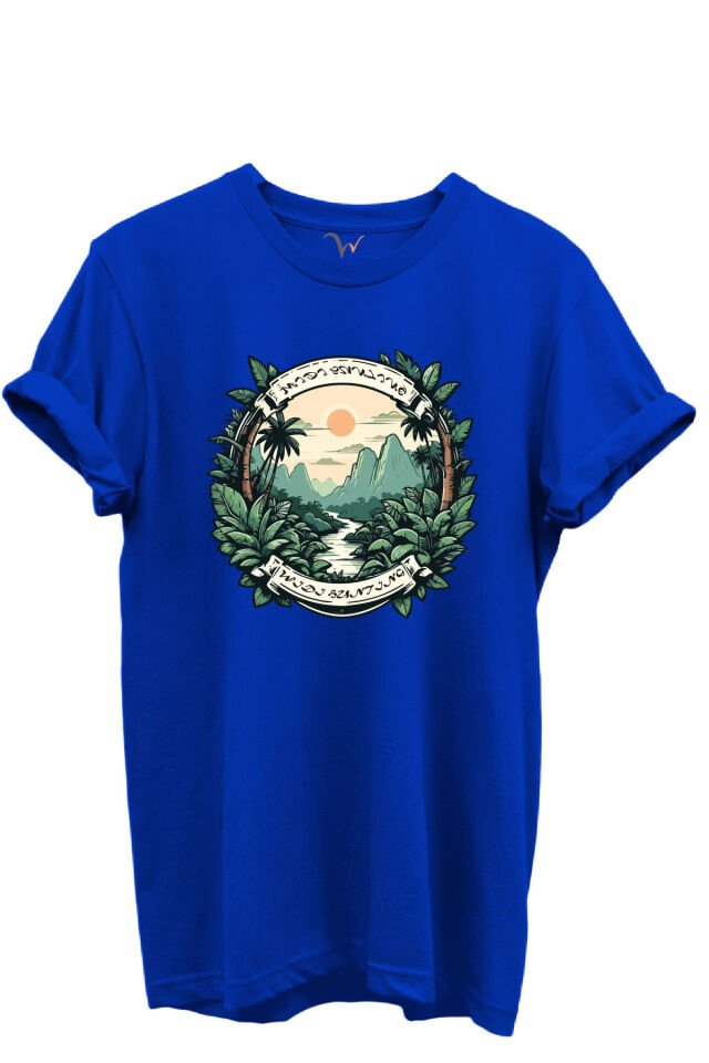 Tropikal Orman ve Dağ Manzaralı Hunting Doğa Temalı %100 Pamuk Regular Fit Unisex T-Shirt Mavi - 2XL