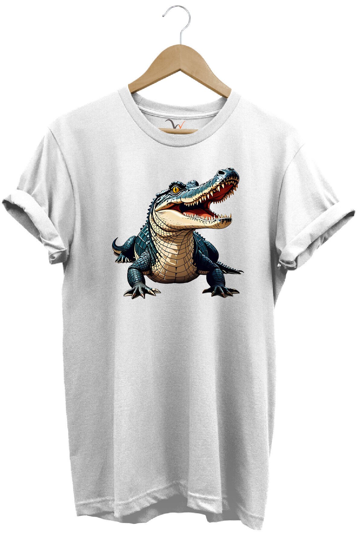 Timsah Baskılı %100 Pamuk Regular Fit T-shirt Beyaz - S