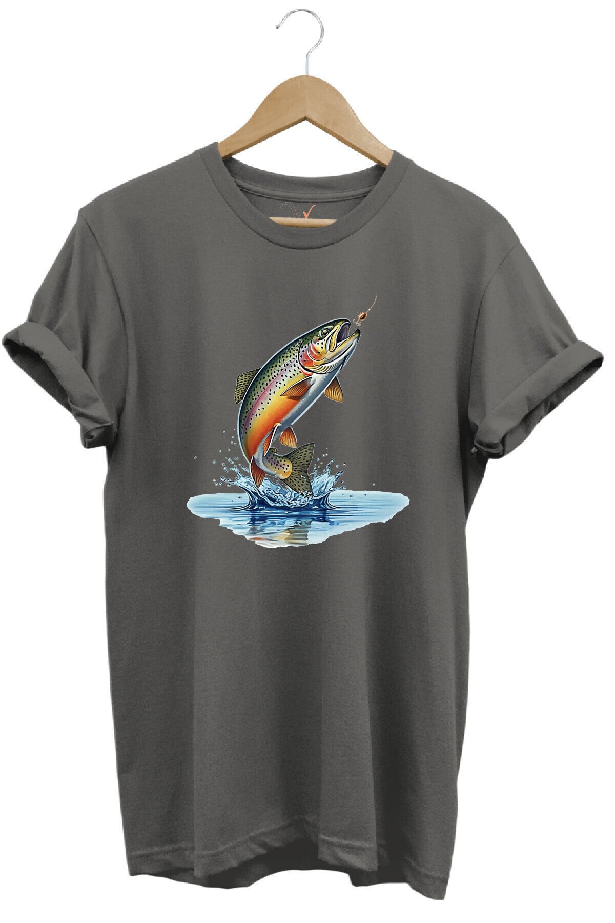 Zıpkınlanan Alabalık Tasarımlı Balıkçılık Temalı %100 Pamuk Unisex Regular Fit T-Shirt Gri - 3XL