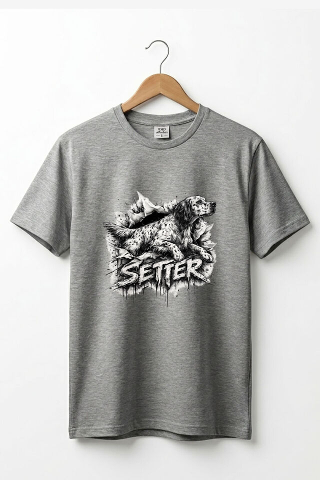 Unisex English Setter Köpek Baskılı Hunting Doğa %100 Pamuk Basic T-Shirt Gri Melanj - XL