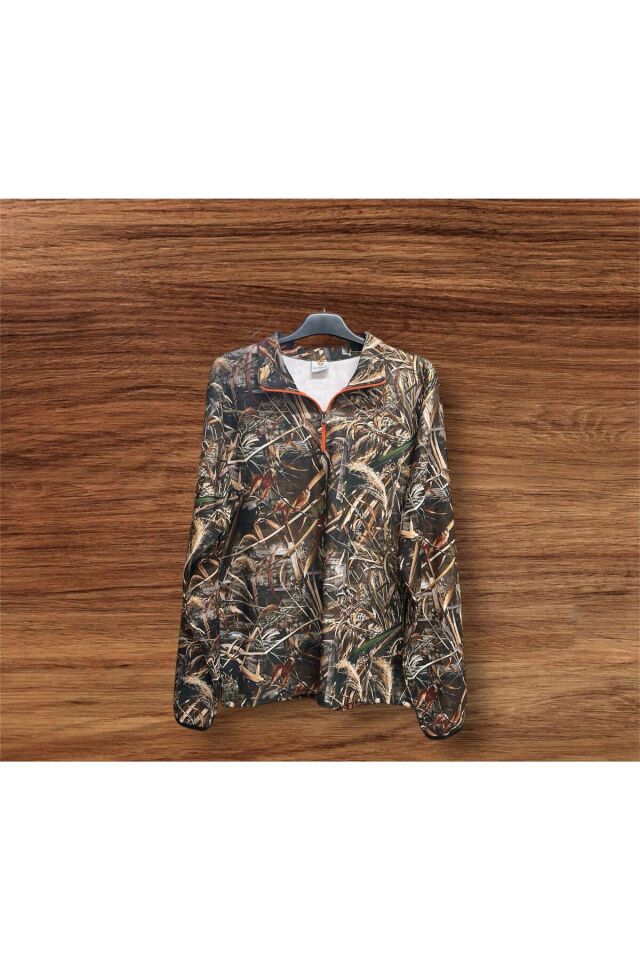 Avcılık 3 İp Şardonlu Saz Desen Baskılı Yarı Fermuar Dik Yaka Orman Desen Kamuflaj Kışlık Sweatshirt Desenli - 2XL