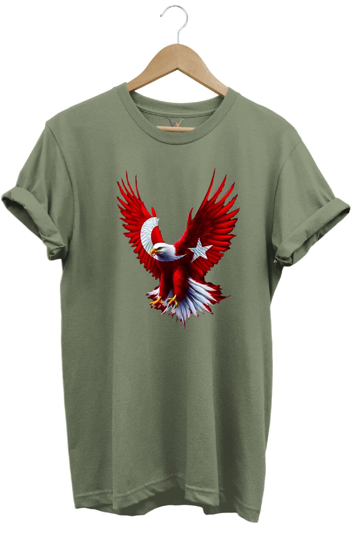 Türkiye Ay Yıldız Türk Bayrağı Kartal Tasarım Baskılı %100 Pamuk Regular Fit Bisiklet Yaka T-Shirt Haki - 2XL