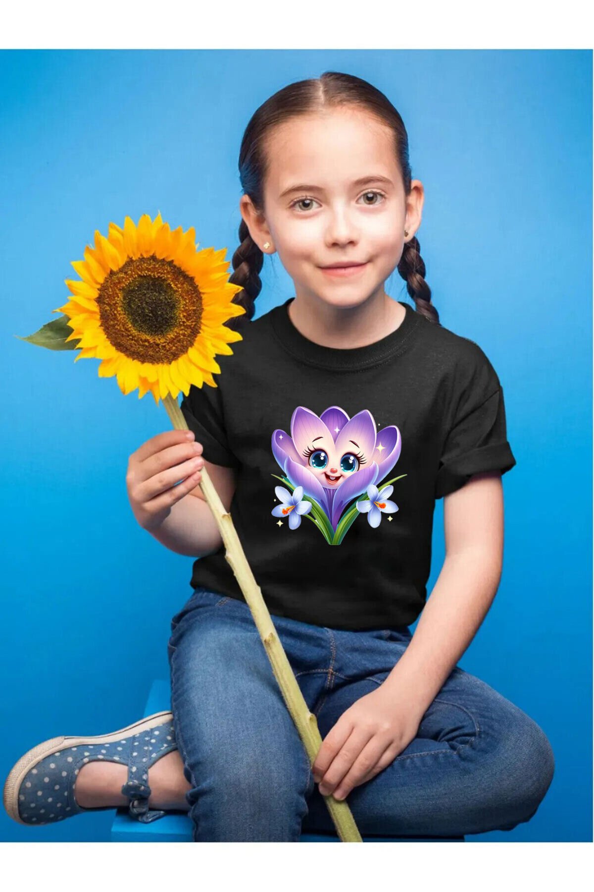 Sevimli Renkli Çiçek Baskılı Regular Fit %100 Pamuk Çocuk Kırmızı T-shirt Siyah - 7-8 Yaş