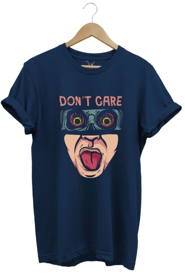 Unisex Don't Care Yazı Baskılı Şık Tasarımlı %100 Pamuk Bisiklet Yaka Lacivert T-shirt