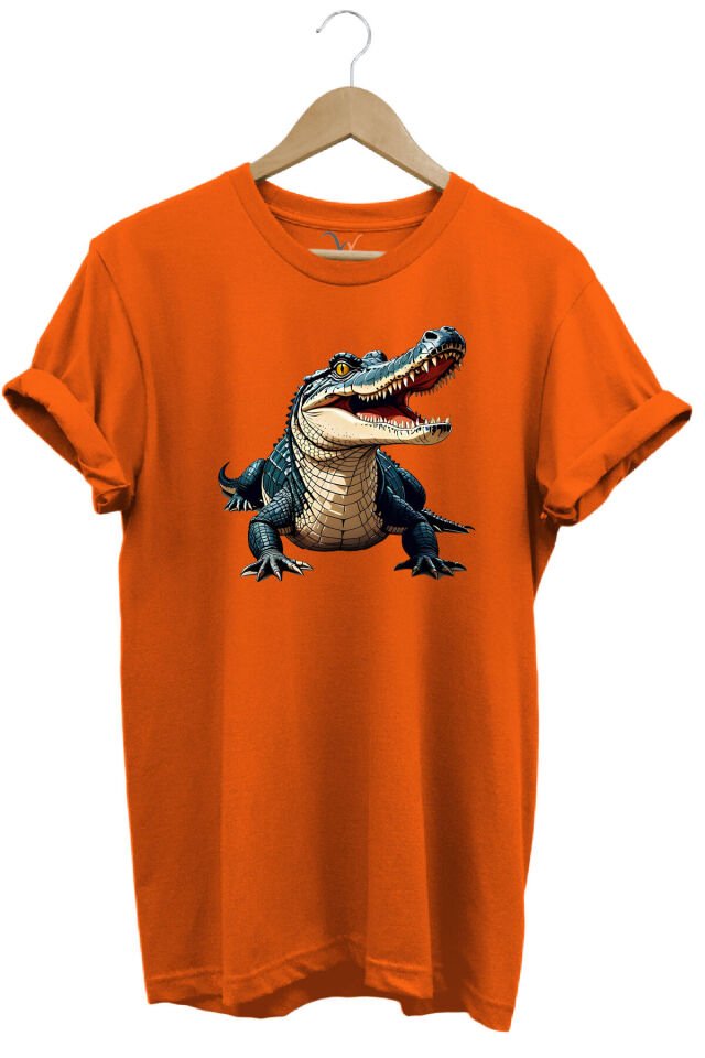 Timsah Baskılı %100 Pamuk Regular Fit T-shirt Turuncu - XL