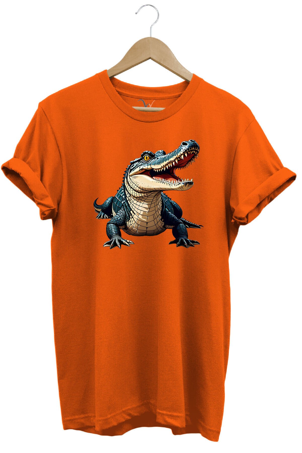 Timsah Baskılı %100 Pamuk Regular Fit T-shirt Turuncu - S
