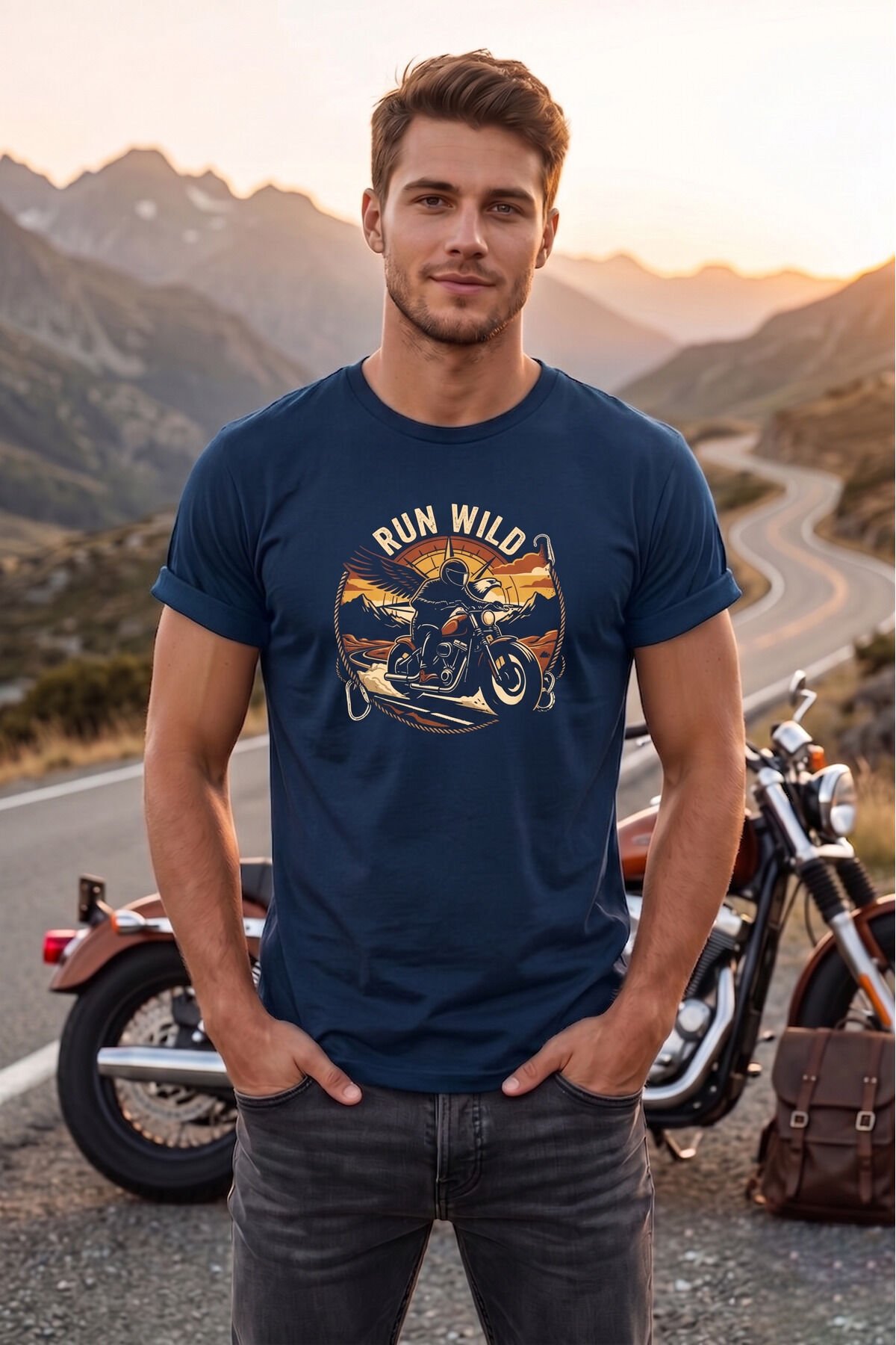 Run Wild Motorsiklet Baskılı Erkek Tişört Vintage Retro Tasarım Bisiklet Yaka Lacivert - S
