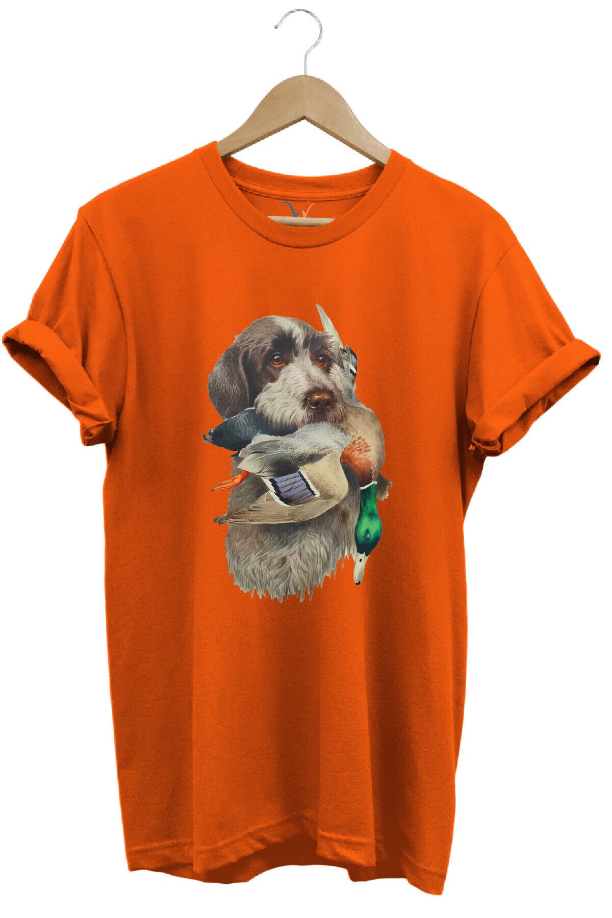 Avcılık Hunter Av Köpeği Ağzında Çulluk Kuşu Baskılı Çulluk Avı Regular Fit %100 Pamuk Beyaz T-shirt Turuncu - S