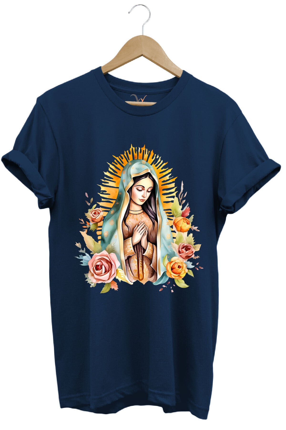 Renkli Meryem Ana Baskılı %100 Pamuk Regular Fit Bisiklet Yaka Turuncu T-shirt Lacivert - XL