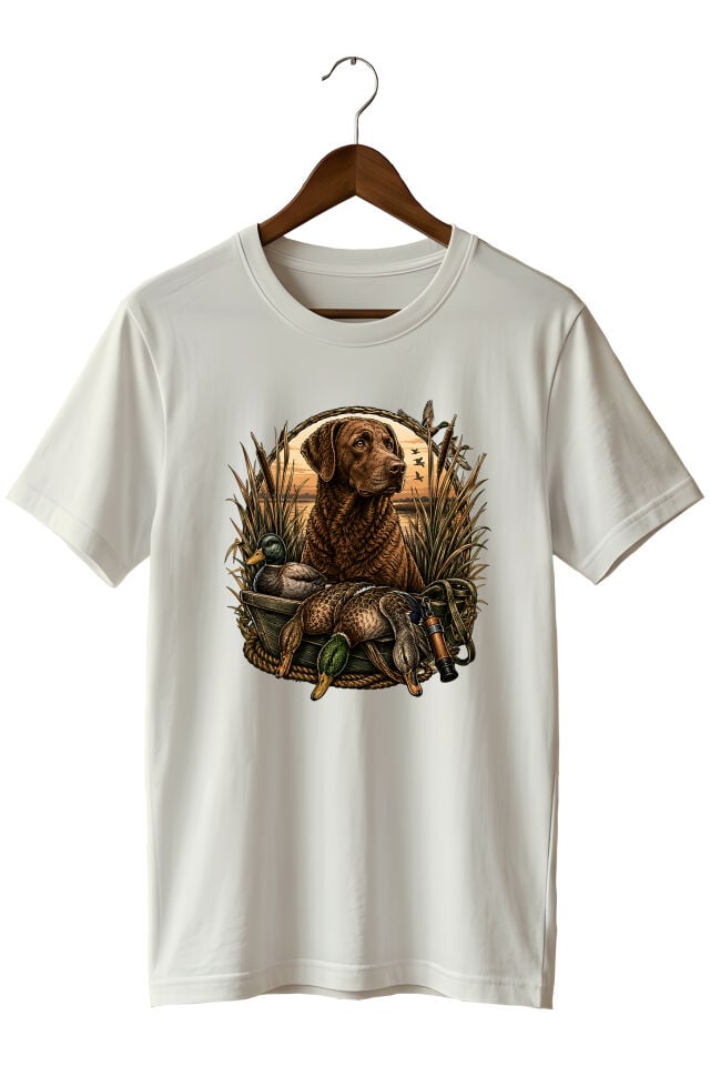 Erkek Av Köpeği ve Ördek Avı Baskılı T-Shirt – Outdoor Avcılık Temalı Bisiklet Yaka Kısa Kollu
