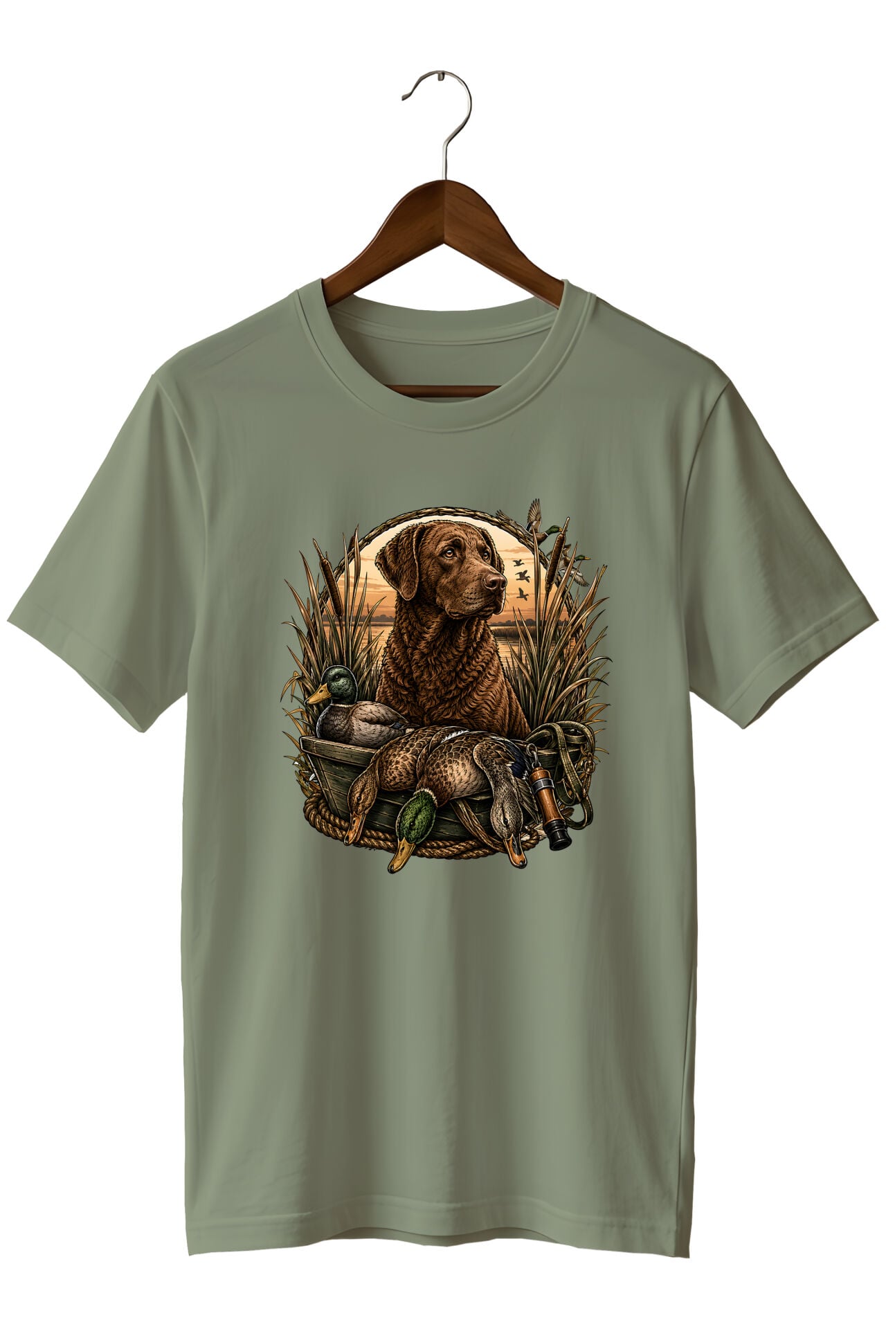 Erkek Av Köpeği ve Ördek Avı Baskılı T-Shirt – Outdoor Avcılık Temalı Bisiklet Yaka Kısa Kollu