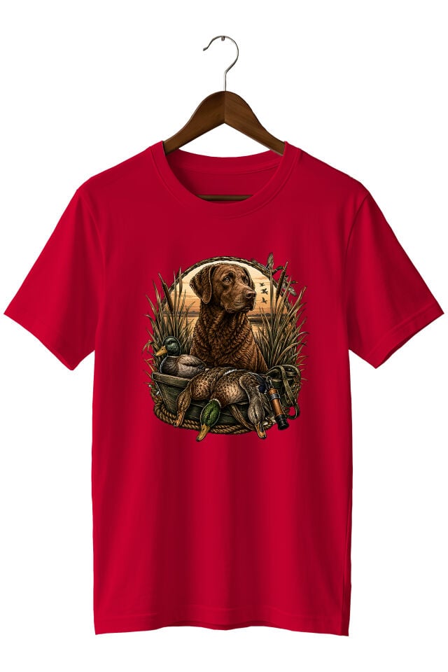 Erkek Av Köpeği ve Ördek Avı Baskılı T-Shirt – Outdoor Avcılık Temalı Bisiklet Yaka Kısa Kollu