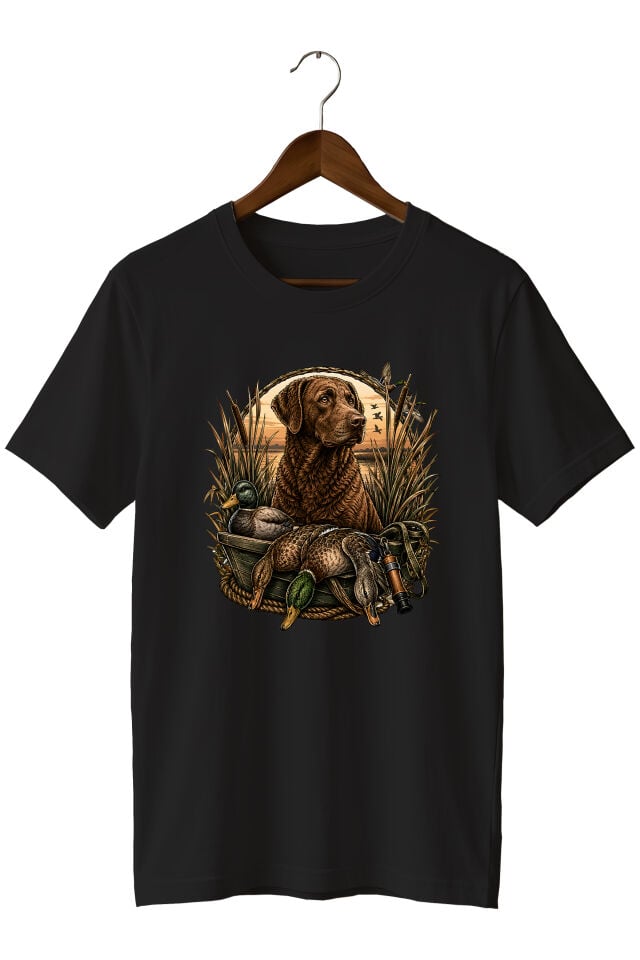 Erkek Av Köpeği ve Ördek Avı Baskılı T-Shirt – Outdoor Avcılık Temalı Bisiklet Yaka Kısa Kollu