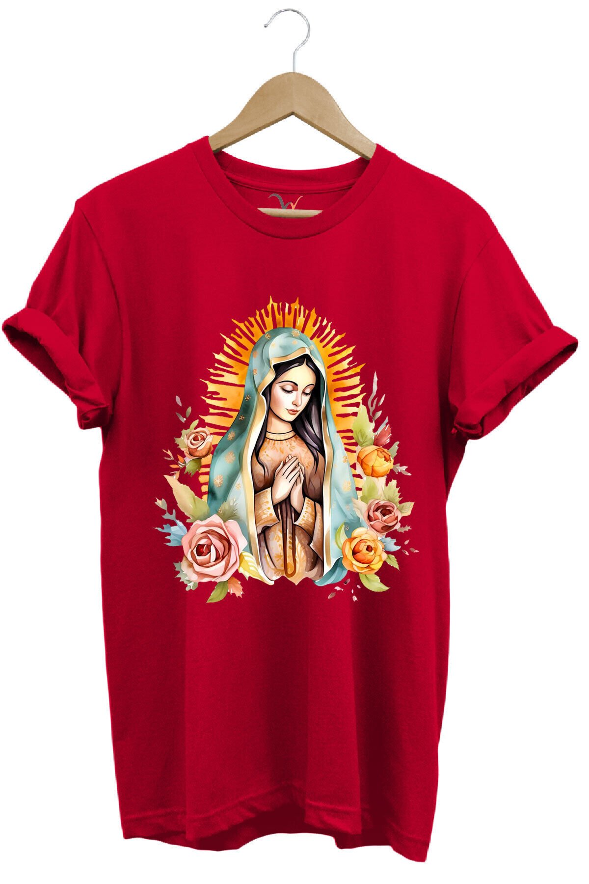 Renkli Meryem Ana Baskılı %100 Pamuk Regular Fit Bisiklet Yaka Turuncu T-shirt Kırmızı - M