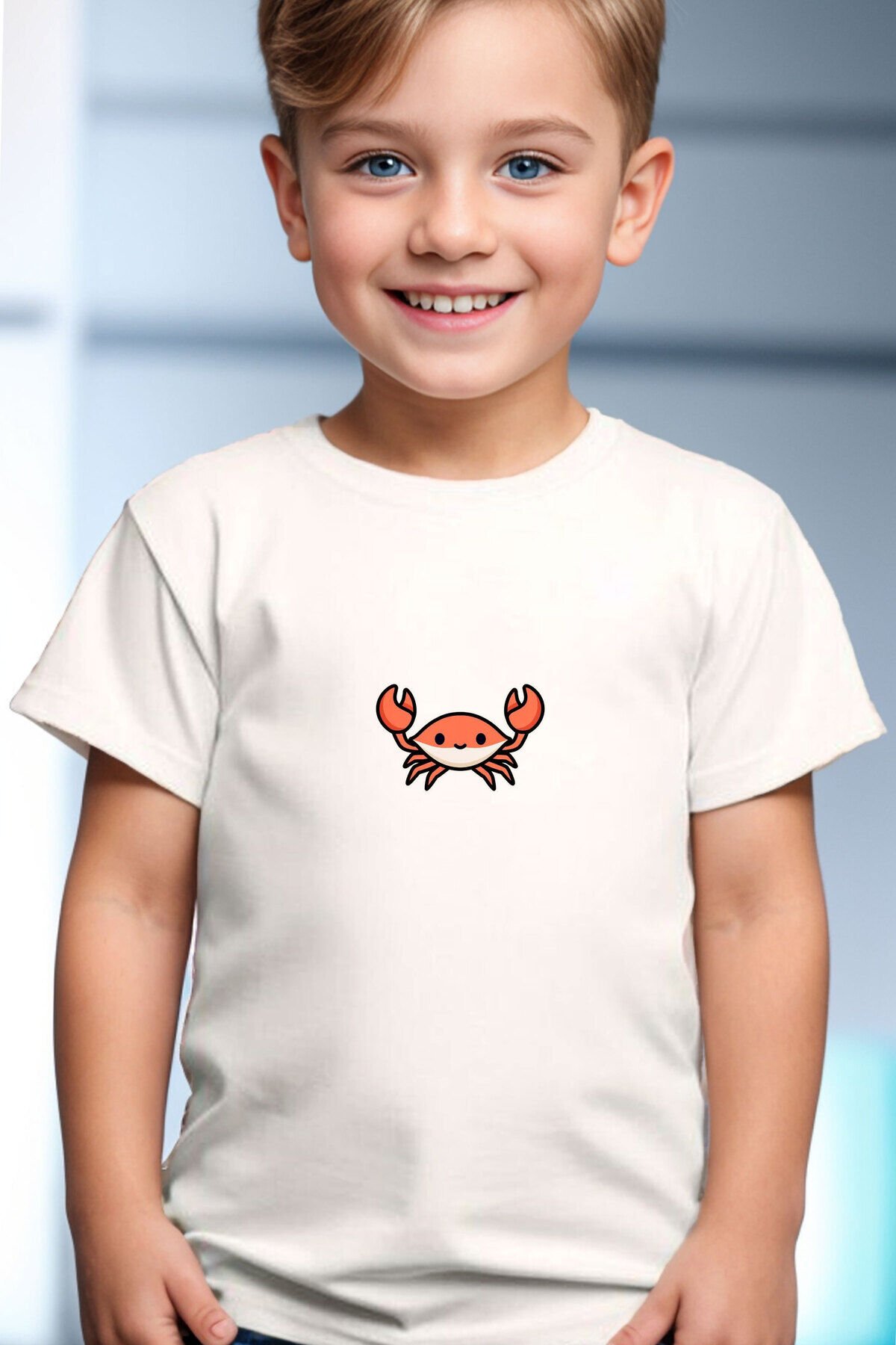 Sevimli Yengeç Baskılı Yaz Desenli %100 Pamuk Çocuk Beyaz T-shirt Beyaz - 9-10 Yaş