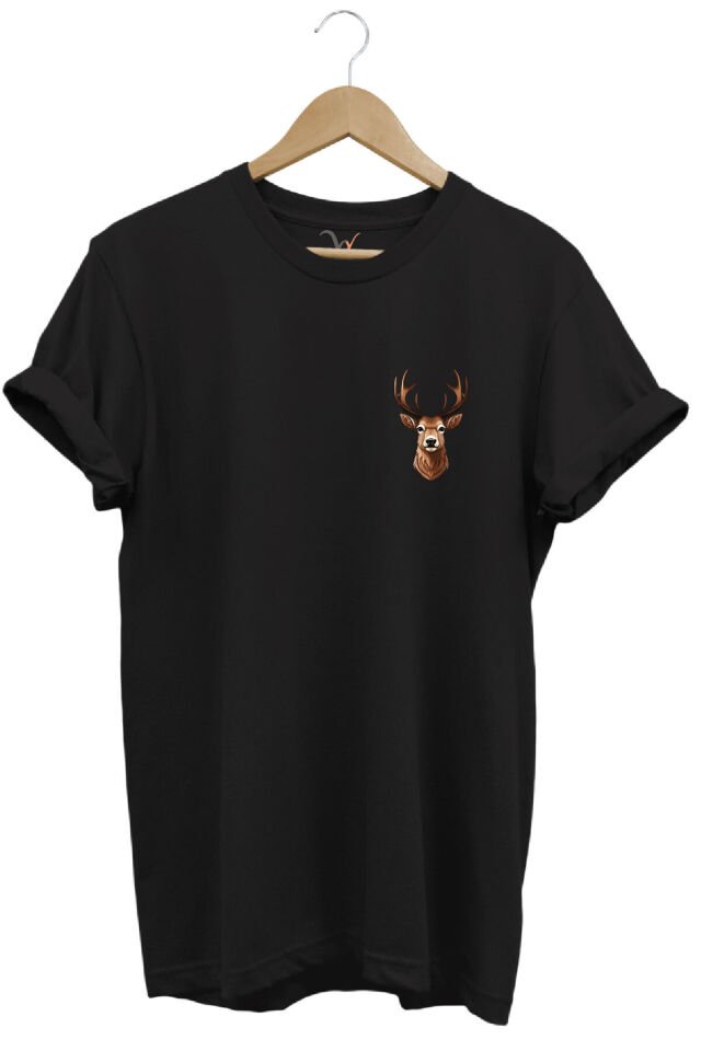 Avcılık Hunting Geyik Avı Baskılı %100 Pamuk Regular Fit Bisiklet Yaka T-shirt Siyah - 2XL