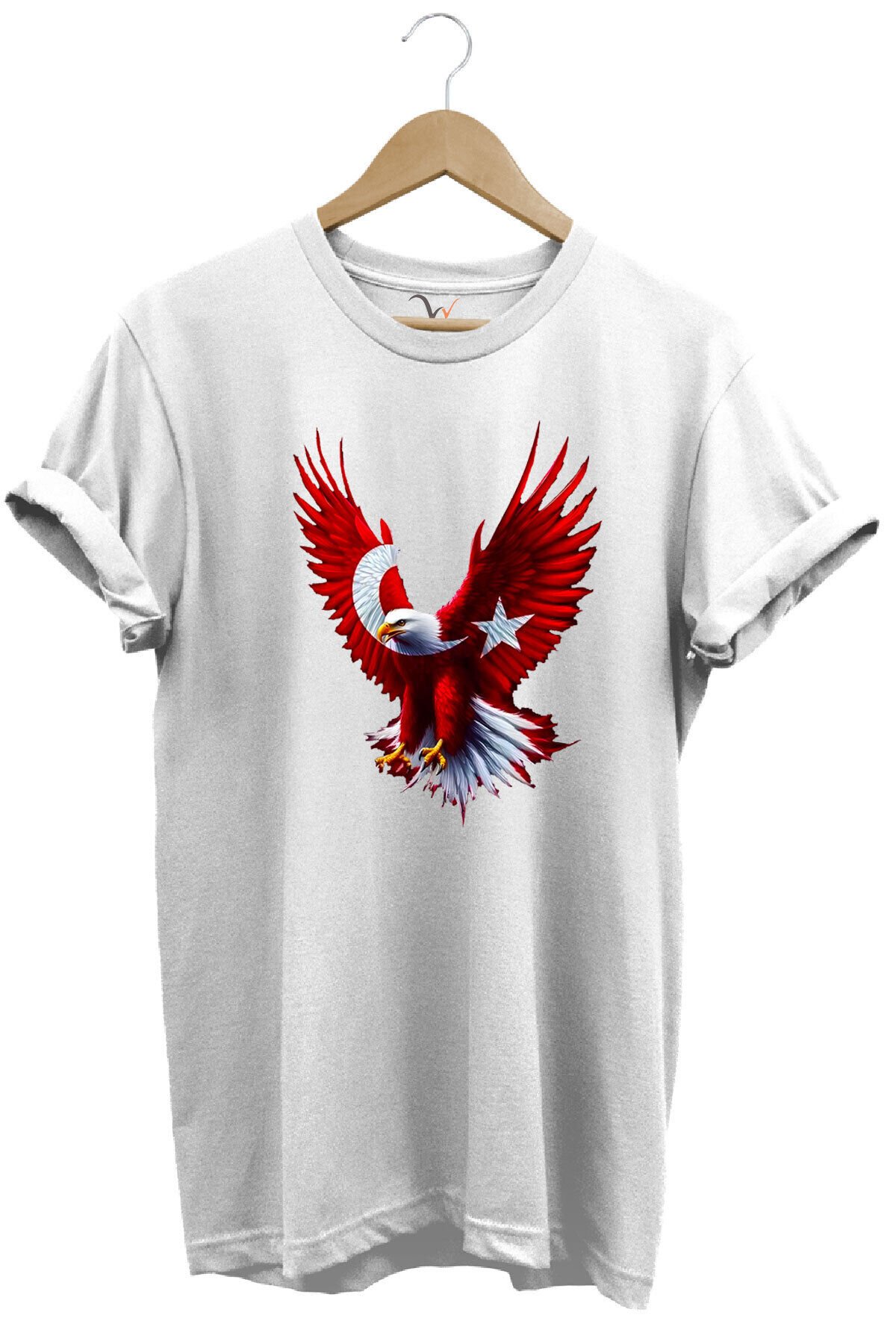 Türkiye Ay Yıldız Türk Bayrağı Kartal Tasarım Baskılı %100 Pamuk Regular Fit Bisiklet Yaka T-Shirt Beyaz - 2XL