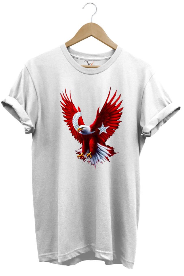 Türkiye Ay Yıldız Türk Bayrağı Kartal Tasarım Baskılı %100 Pamuk Regular Fit Bisiklet Yaka T-Shirt Beyaz - 2XL
