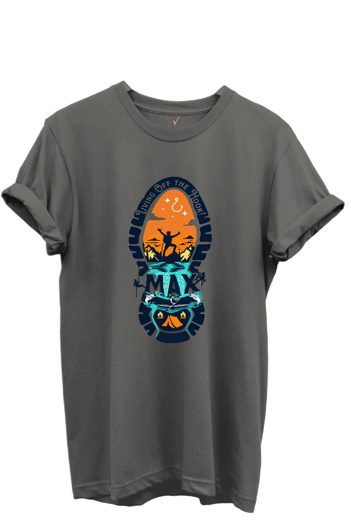 Balıkçılık ve Macera Tema Baskılı %100 Pamuk Regular Fit Bisiklet Yaka Unisex T-shirt Gri - 3XL