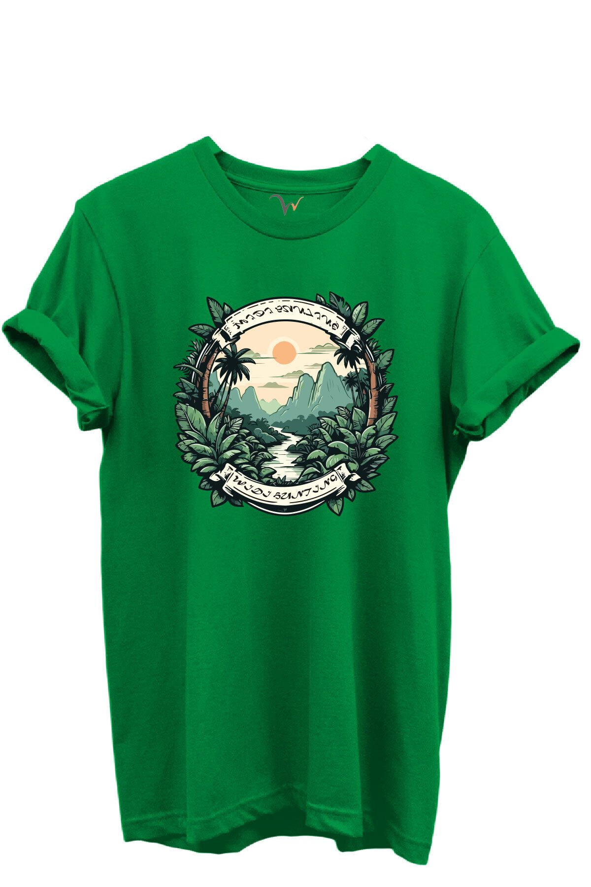 Tropikal Orman ve Dağ Manzaralı Hunting Doğa Temalı %100 Pamuk Regular Fit Unisex T-Shirt Yeşil - 3XL