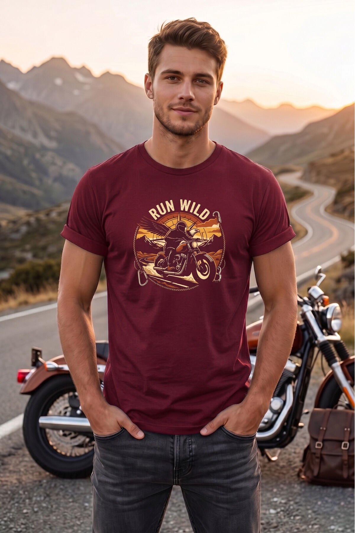 Run Wild Motorsiklet Baskılı Erkek Tişört Vintage Retro Tasarım Bisiklet Yaka Bordo - L