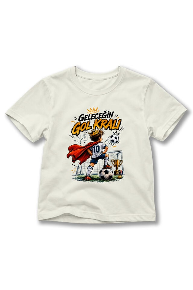 Çocuk Geleceğin Gol Kralı Baskılı Futbol Temalı Bisiklet Yaka Kısa Kollu Tişört