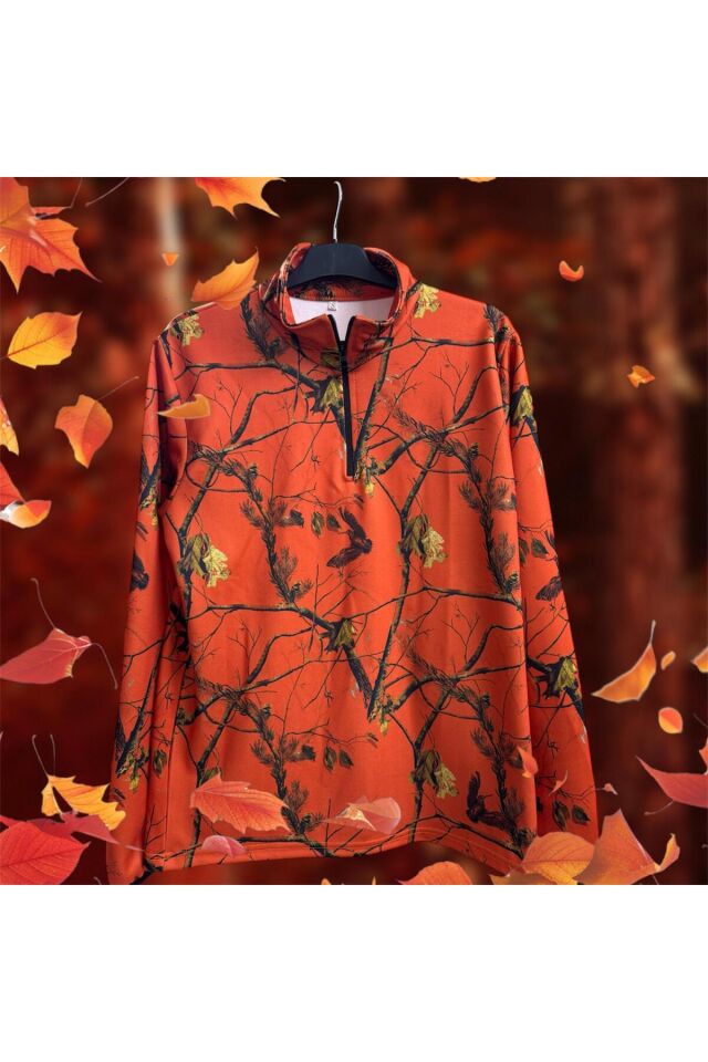 AVCILIK Turuncu Orman Desen Çulluk Baskılı Yarı Fermuar Domuz Avcısı Kol Uçları Lastikli Sweatshirt XL