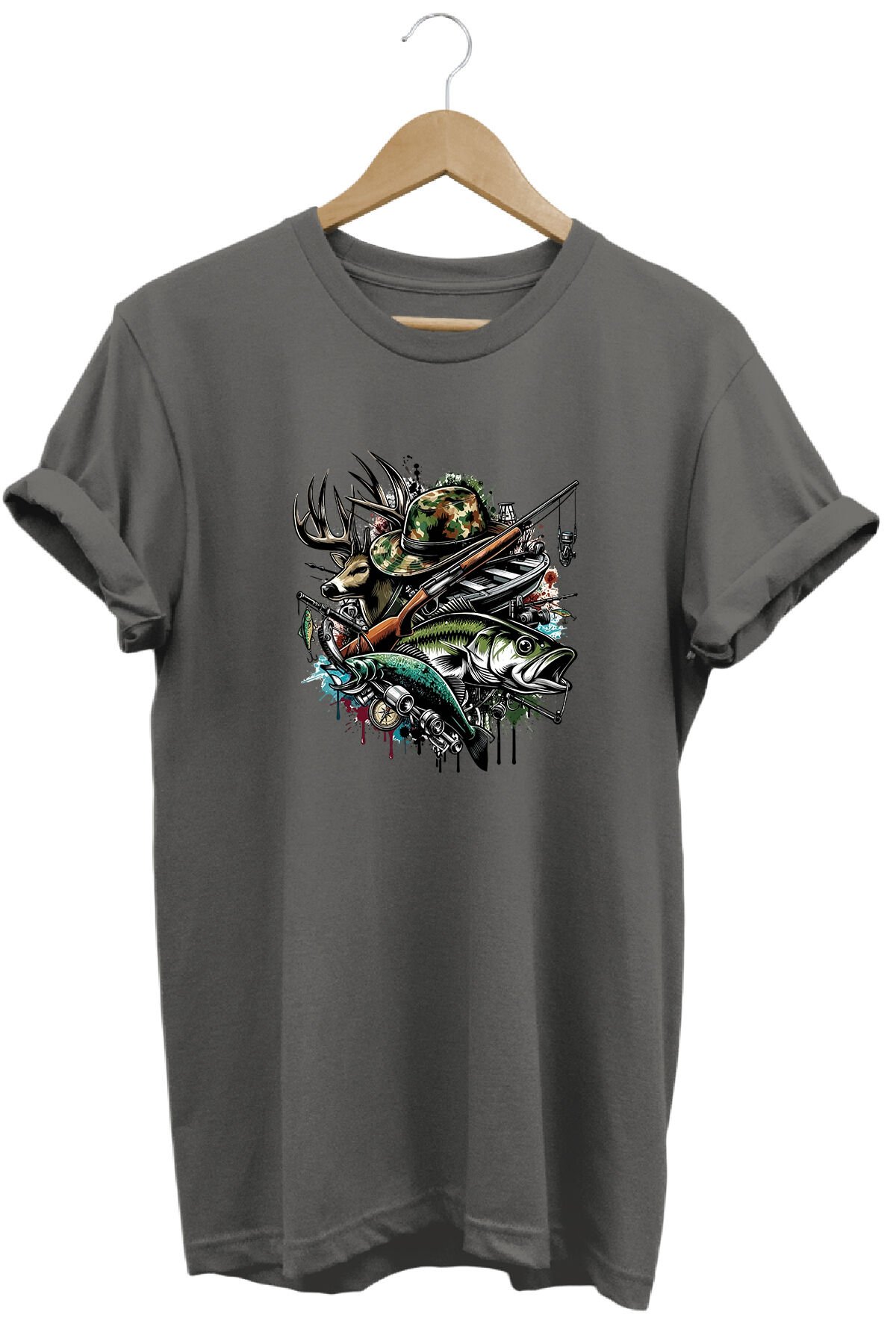 Unisex Geyik ve Balık Baskılı Arazi ve Doğa Tişörtü Outdoor Kamp Giyimi Gri Melanj - M