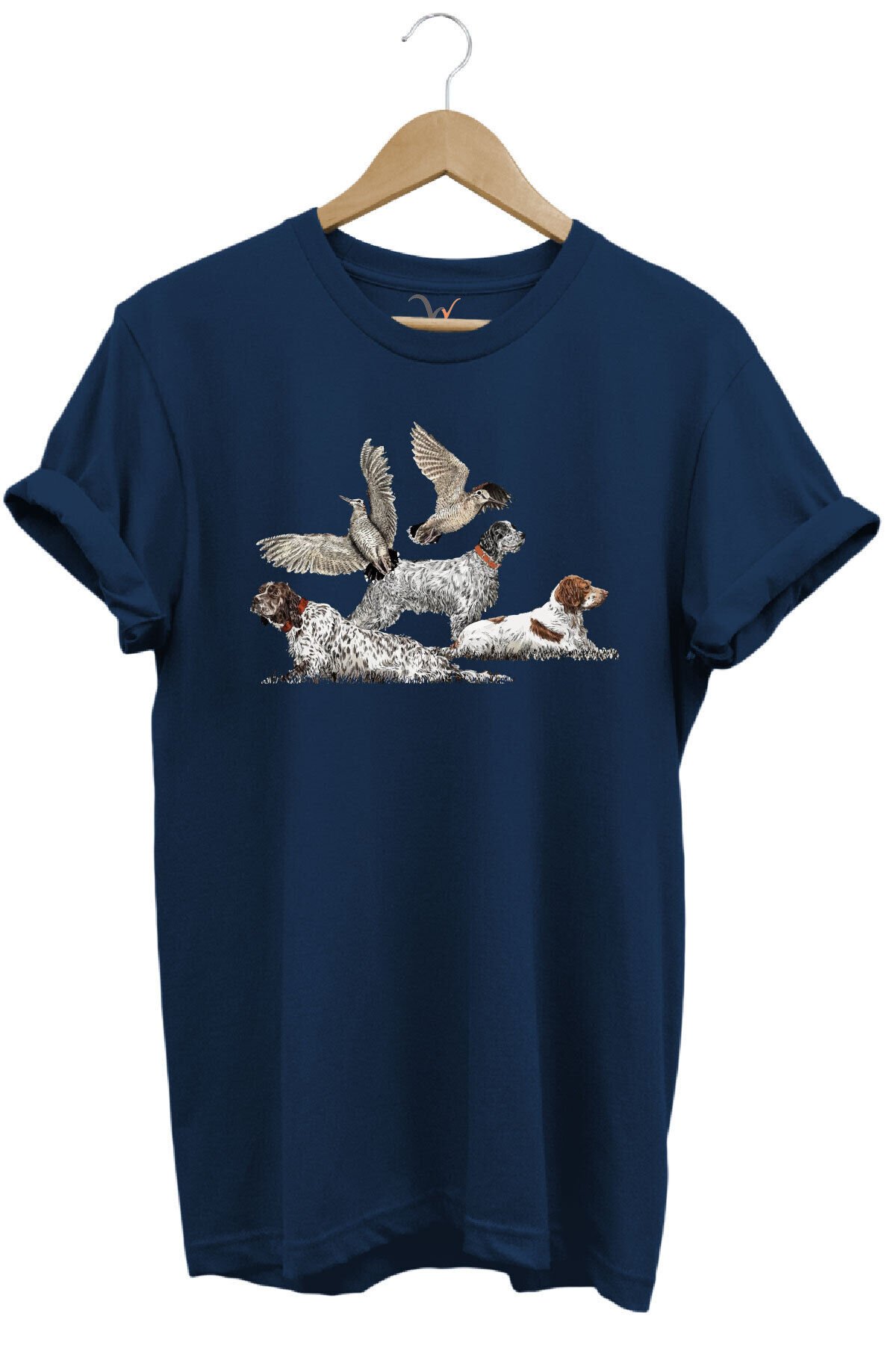 Avcılık Hunting Fermalı English Setter Ve Çulluk Baskılı %100 Pamuk Regular Fit Kahverengi T-shirt Lacivert - 3XL