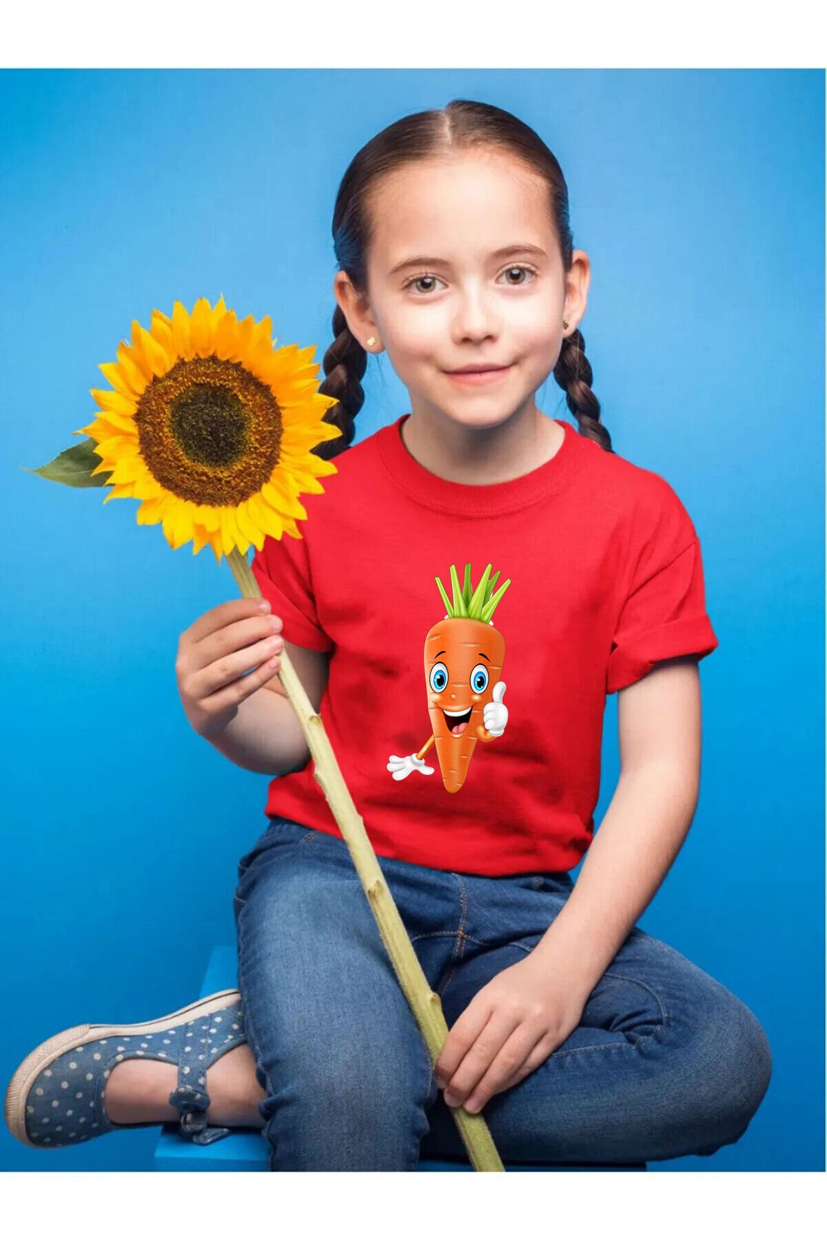 Havuç Baskılı Regular Fit %100 Pamuk Çocuk Beyaz T-shirt Kırmızı - 9-10 Yaş