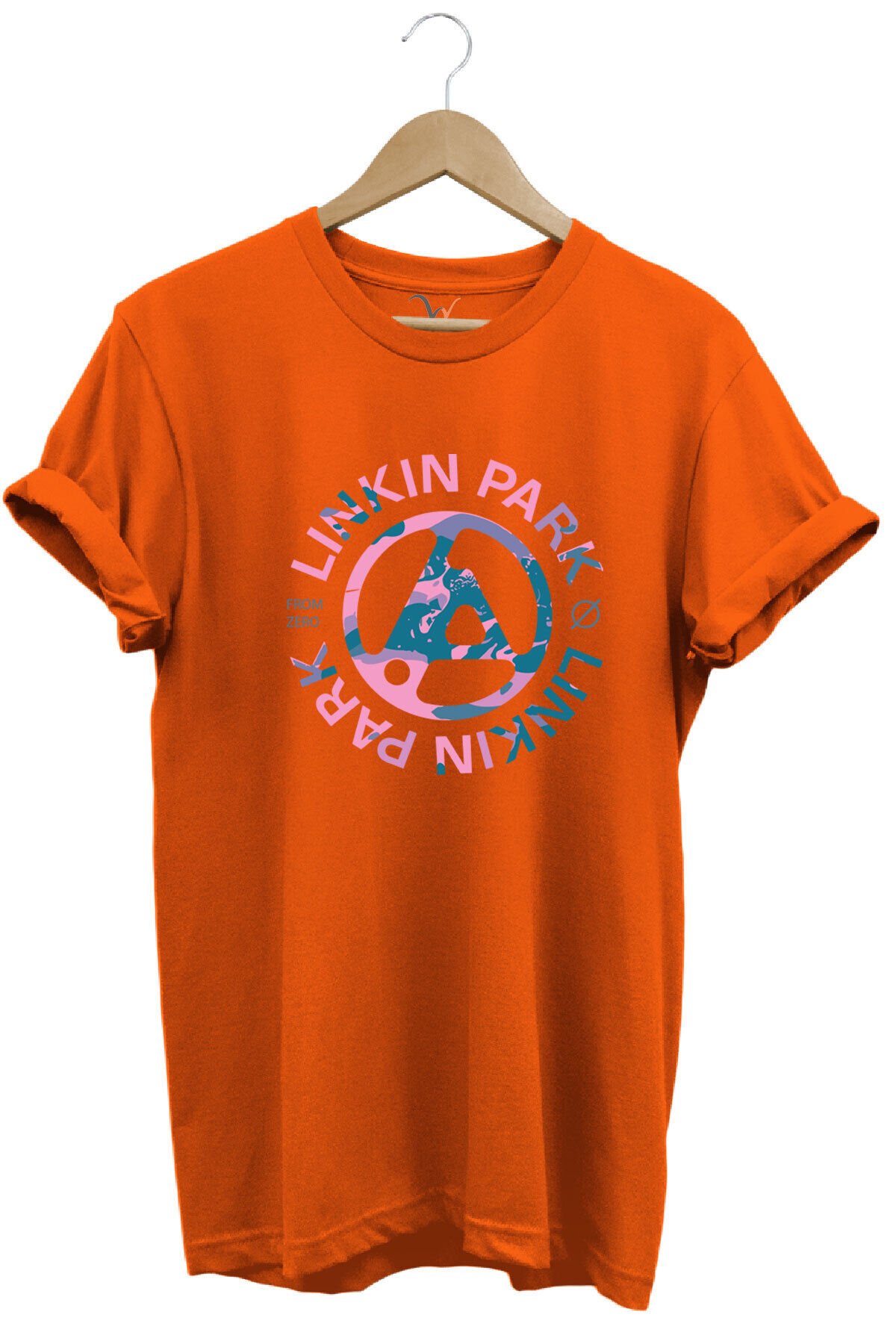 Müzik Grubu Rock Metal Baskılı Linkin Park Cool %100 Pamuk Bisiklet Yaka Haki T-shirt Turuncu - L