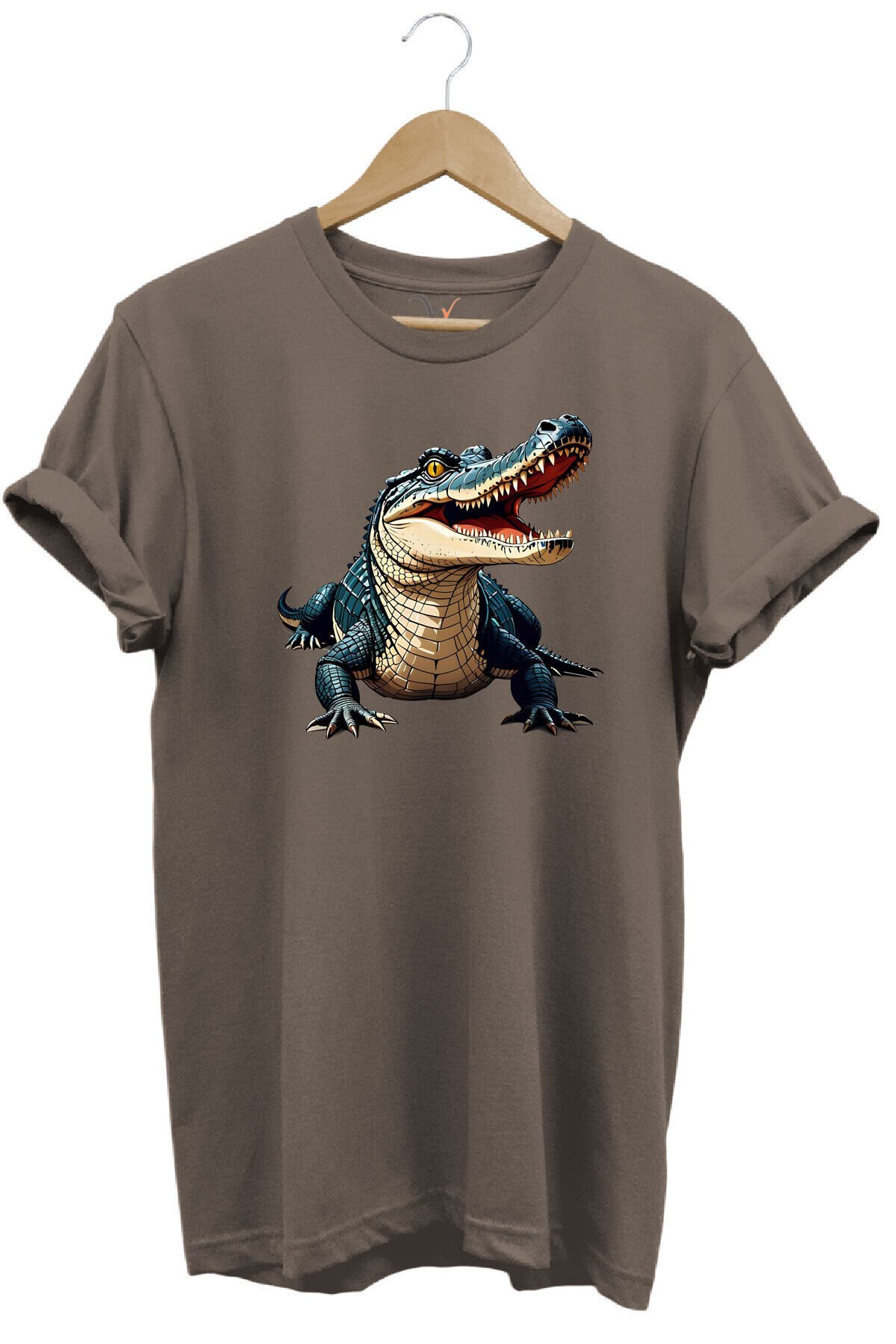 Timsah Baskılı %100 Pamuk Regular Fit T-shirt Kahverengi - XL