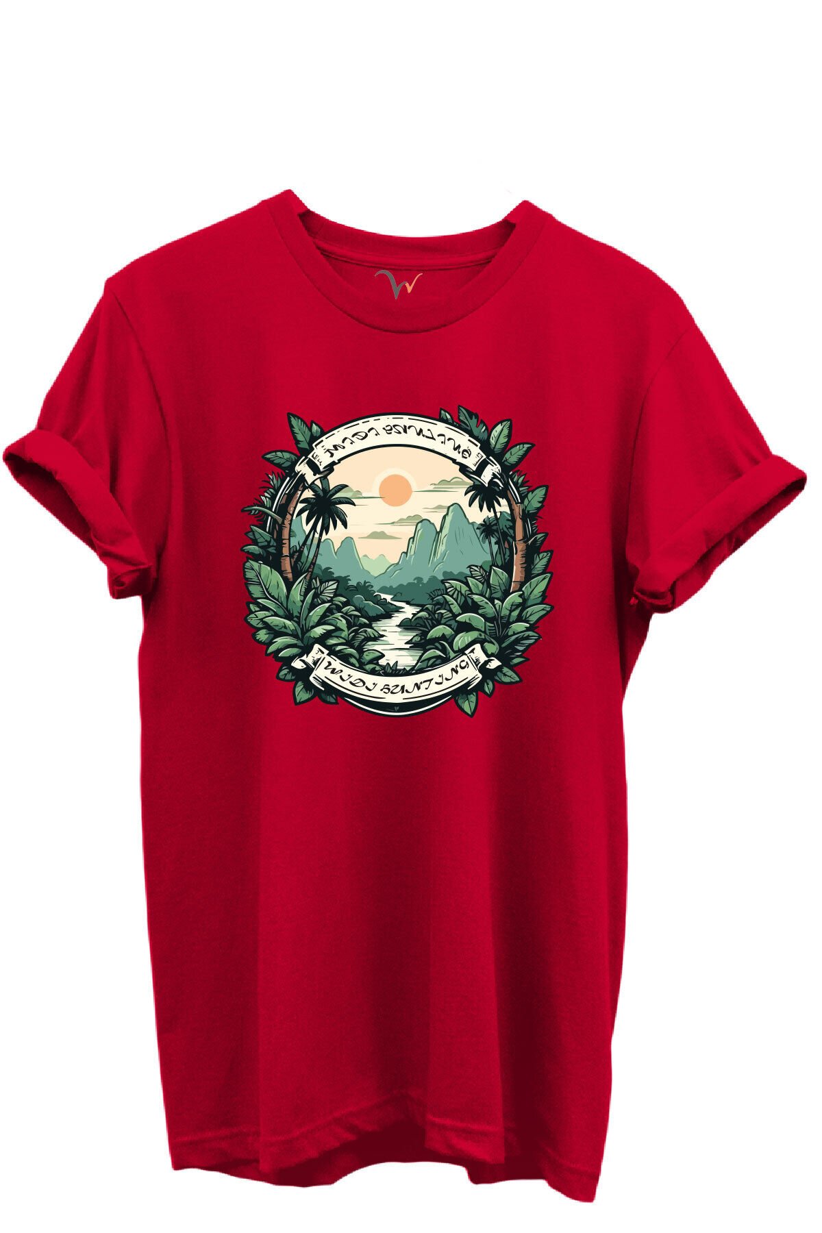Tropikal Orman ve Dağ Manzaralı Hunting Doğa Temalı %100 Pamuk Regular Fit Unisex T-Shirt Kırmızı - M