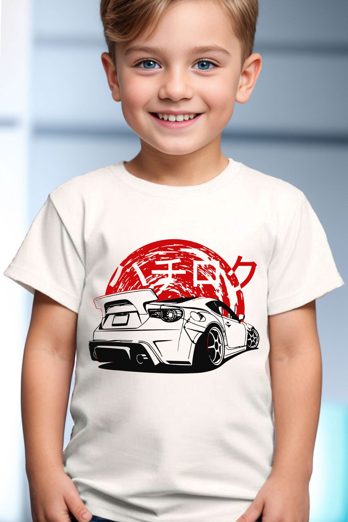 Japon Araba Baskılı %100 Pamuk Çocuk Beyaz T-shirt Beyaz - 7-8 Yaş