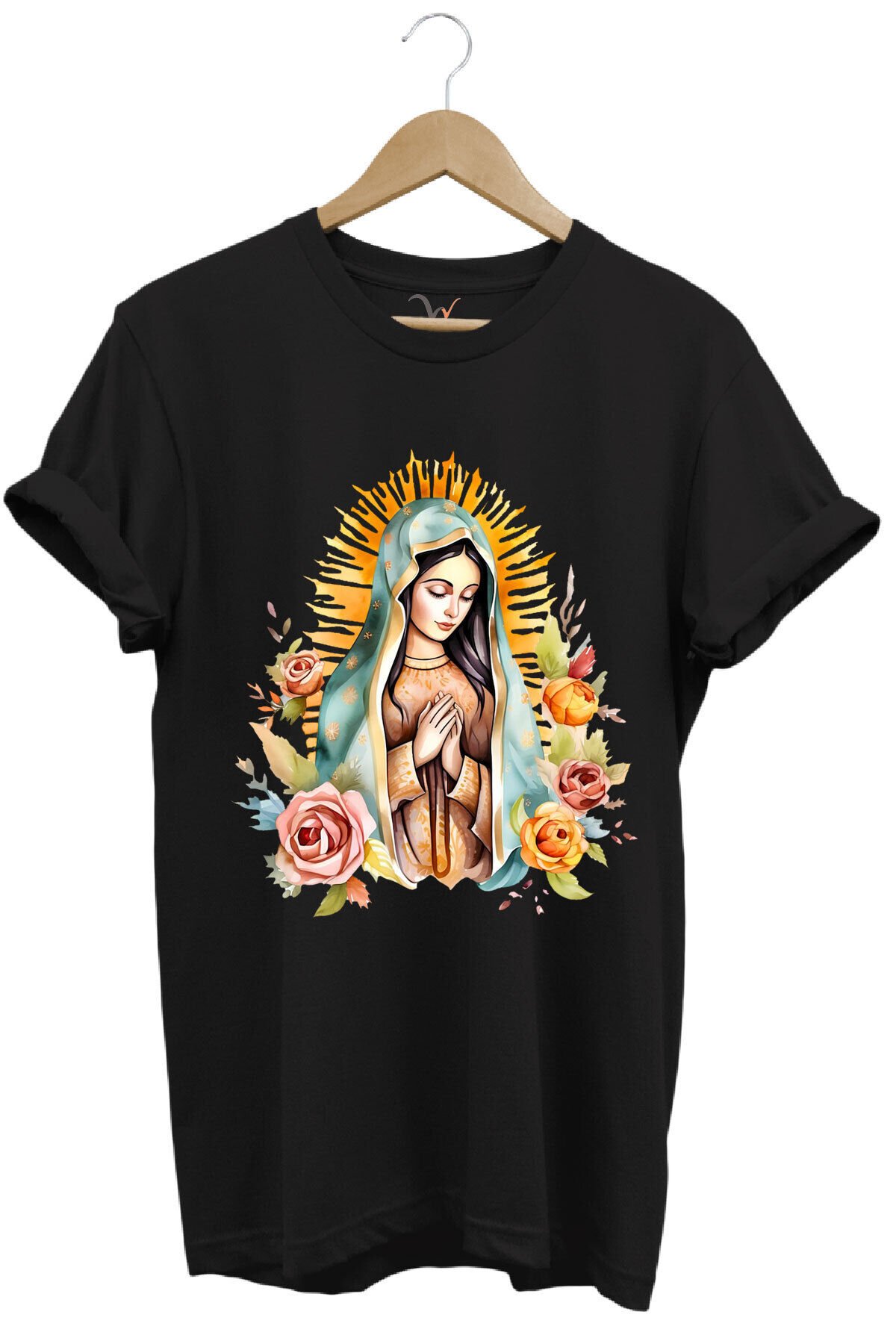 Renkli Meryem Ana Baskılı %100 Pamuk Regular Fit Bisiklet Yaka Turuncu T-shirt Siyah - M