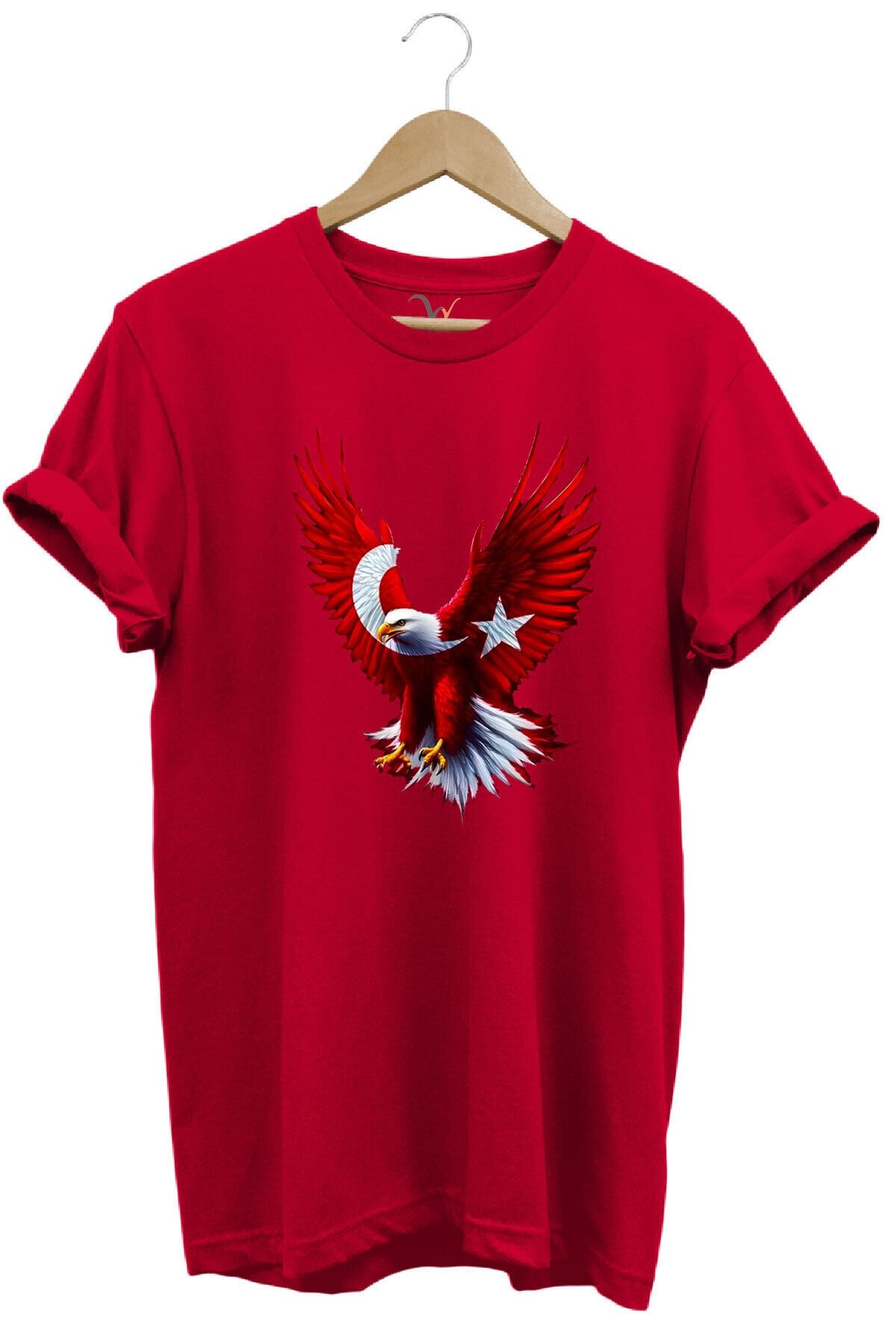 Türkiye Ay Yıldız Türk Bayrağı Kartal Tasarım Baskılı %100 Pamuk Regular Fit Bisiklet Yaka T-Shirt Kırmızı - M