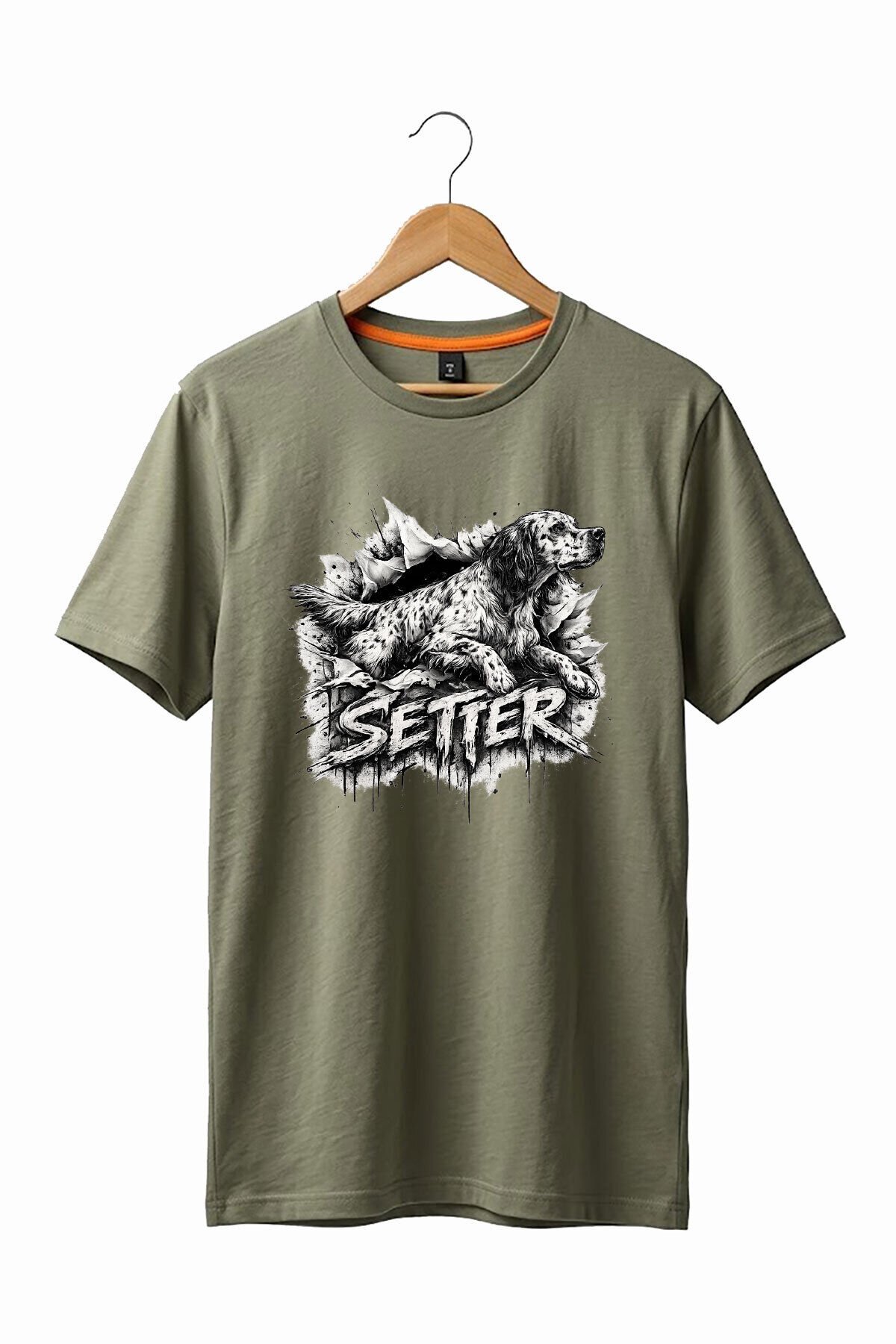 Unisex English Setter Köpek Baskılı Hunting Doğa %100 Pamuk Basic T-Shirt Haki - S