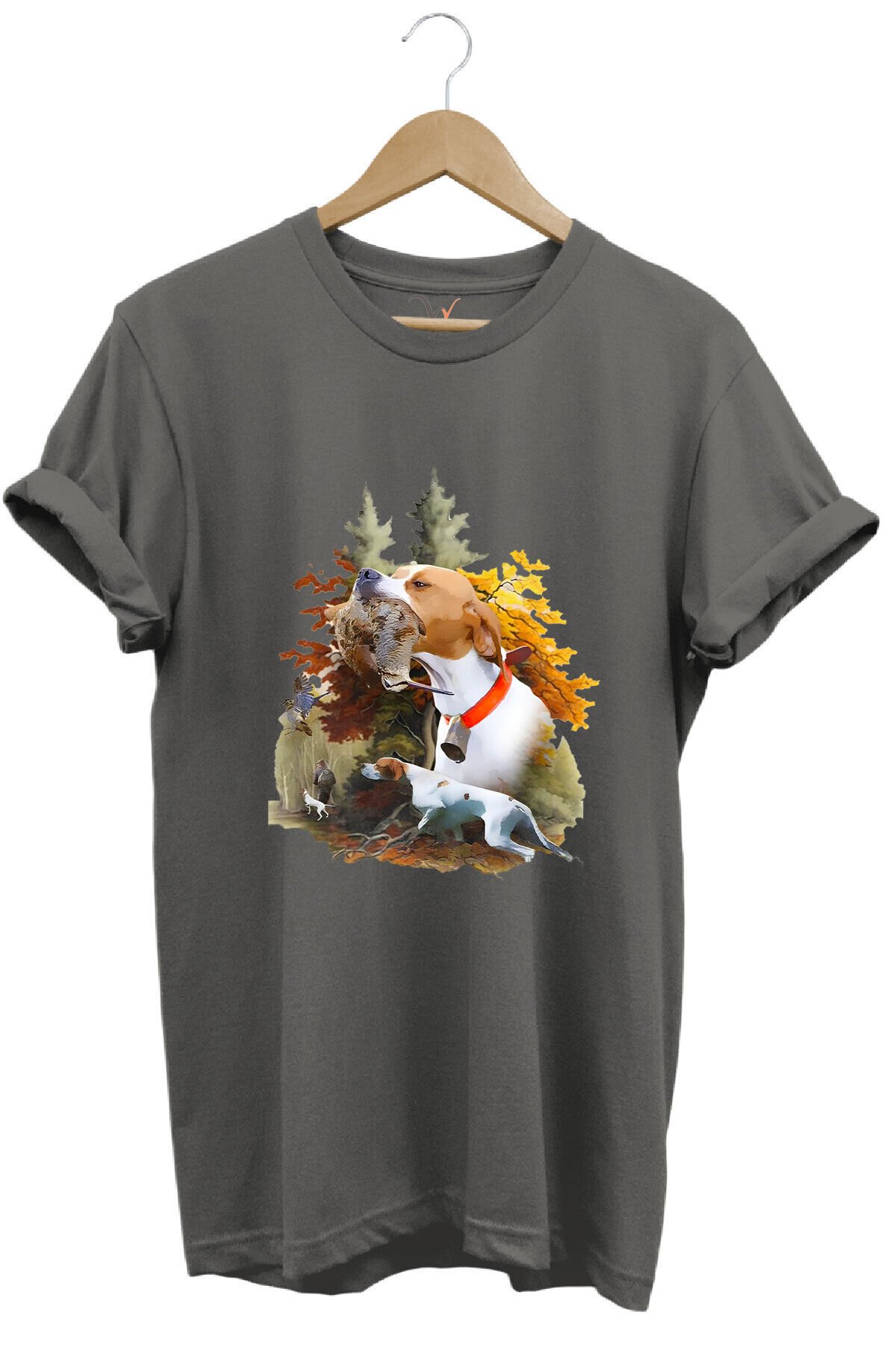 Hunting Avcılık Çulluk Ve English Pointer Av Köpeği Baskılı %100 Pamuk Regular Fit Gri T-shirt