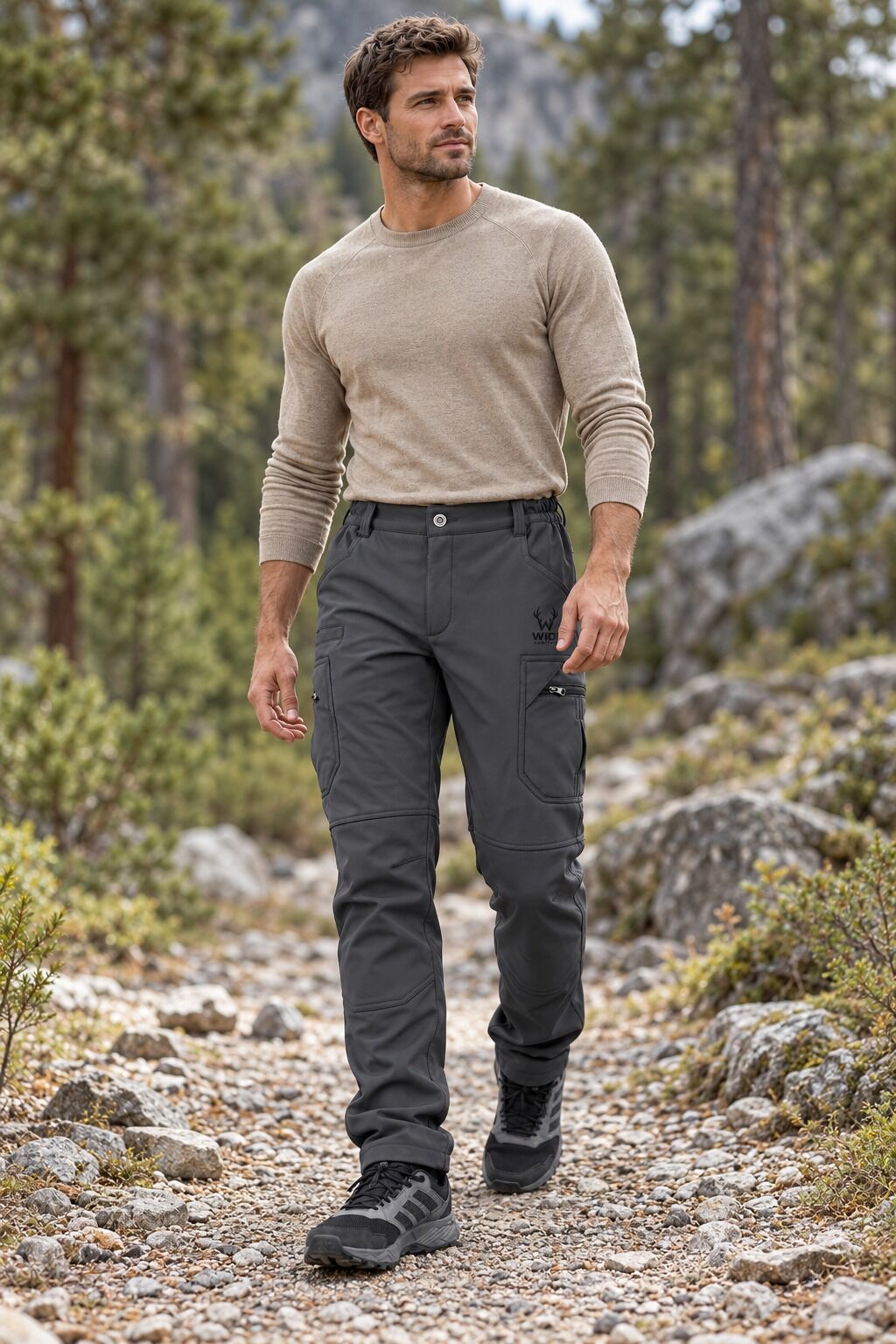 Widi Antrasit Softshell Su İtici Esnek Taktik Kargo Cepli Outdoor Pantolon