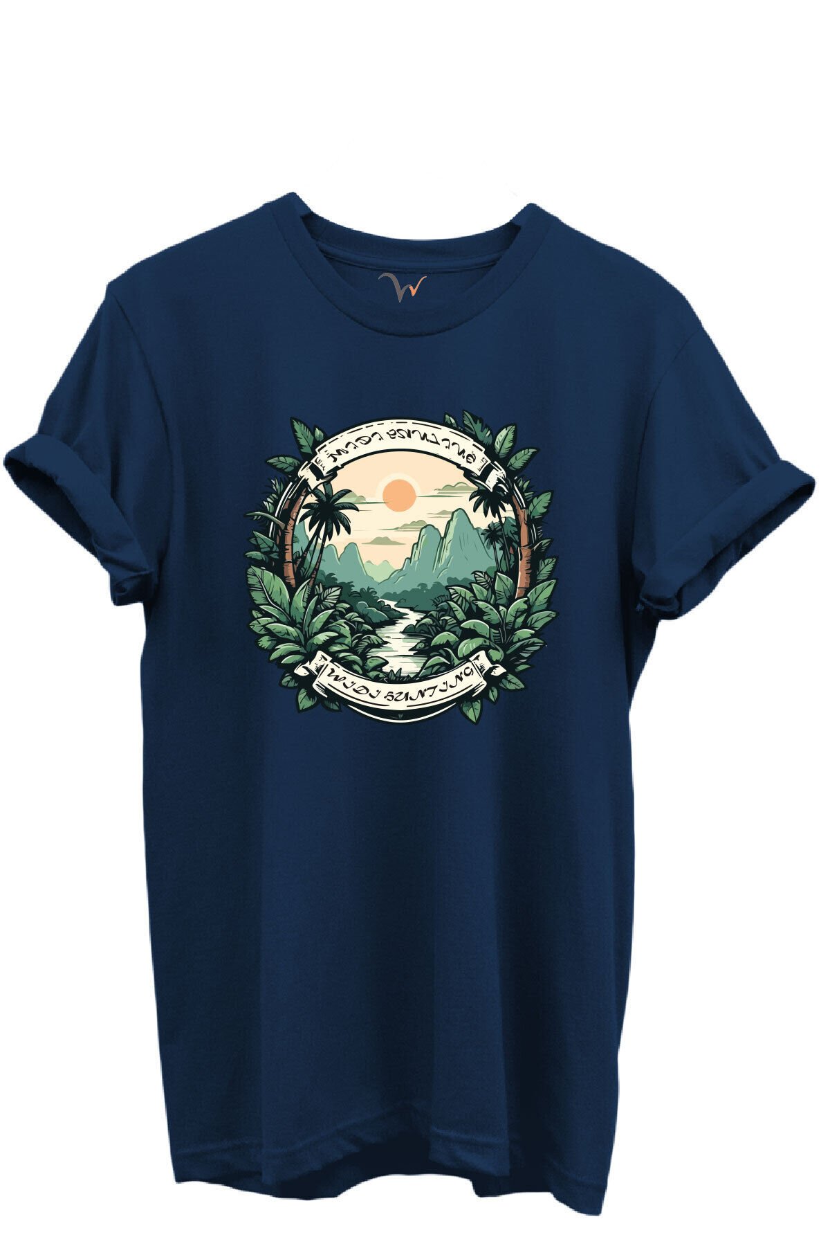 Tropikal Orman ve Dağ Manzaralı Hunting Doğa Temalı %100 Pamuk Regular Fit Unisex T-Shirt Lacivert - M