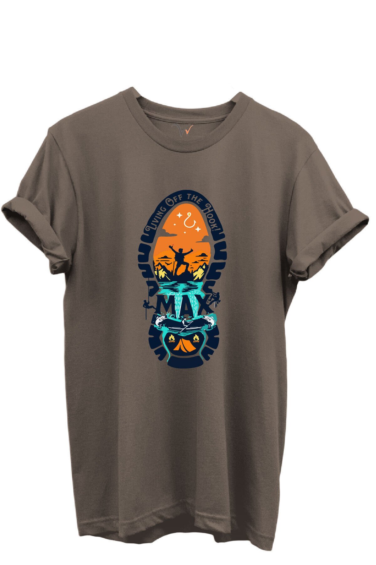 Balıkçılık ve Macera Tema Baskılı %100 Pamuk Regular Fit Bisiklet Yaka Unisex T-shirt Kahverengi - M