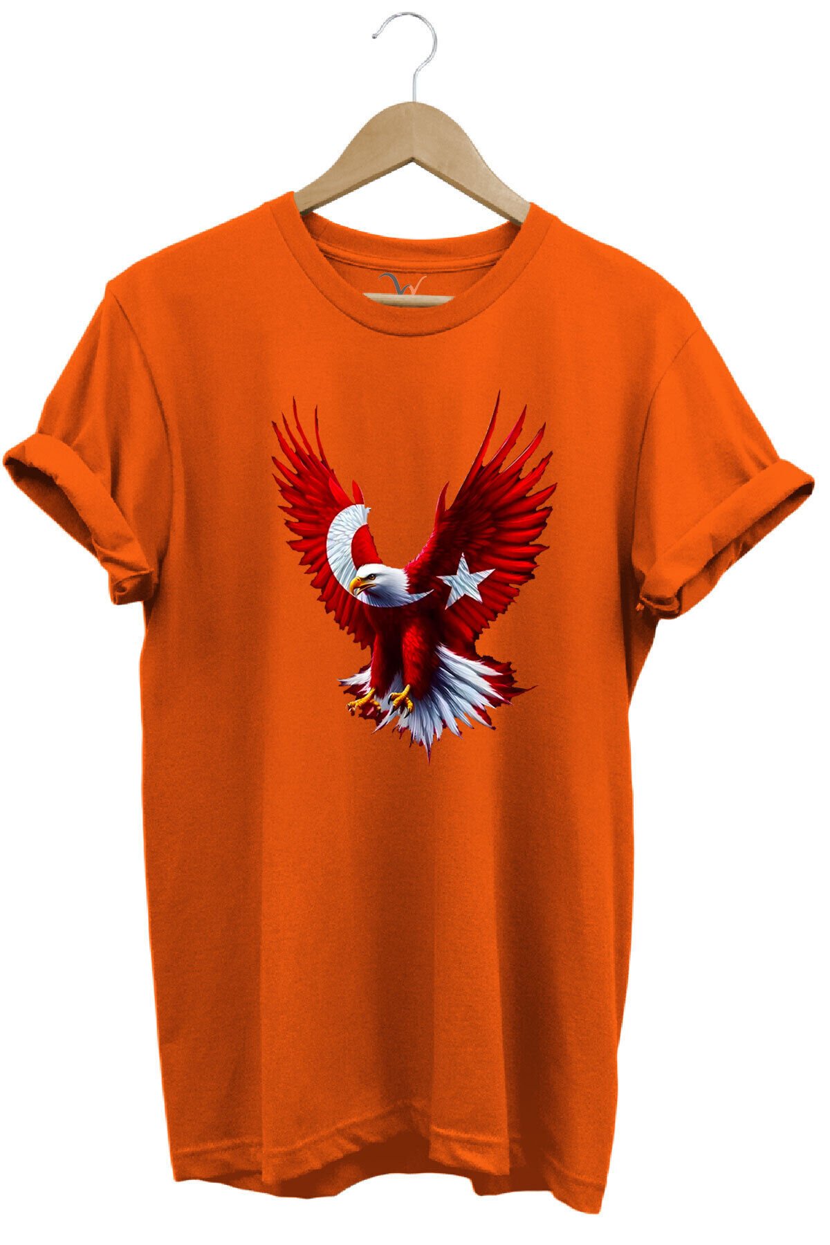 Türkiye Ay Yıldız Türk Bayrağı Kartal Tasarım Baskılı %100 Pamuk Regular Fit Bisiklet Yaka T-Shirt Turuncu - S